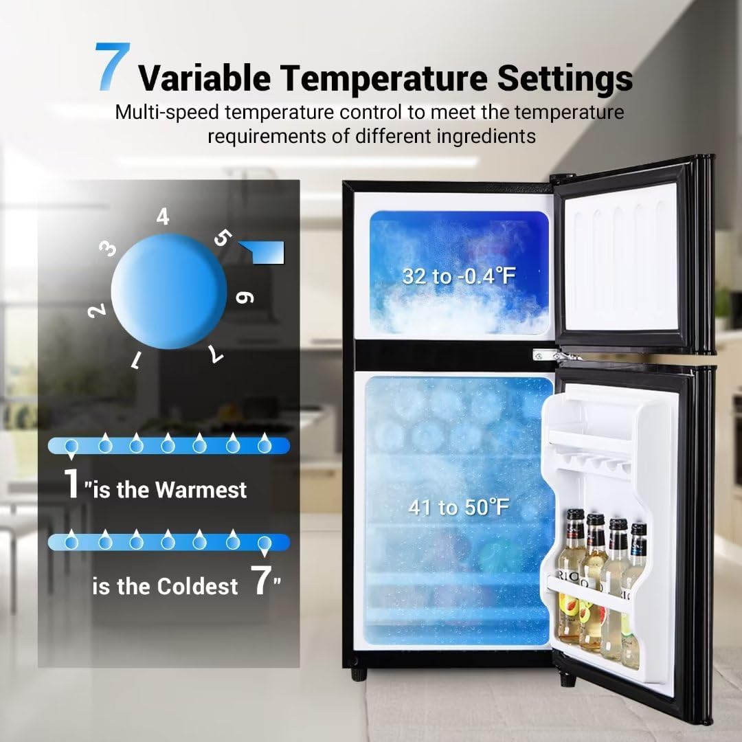 Apartment Size Refrigerator, 4.0 Cu.Ft Mini Fridge with Double Door Suitable for Kitchen, Dorm, Apartment, Office, Energy Saving Compact Refrigerator with 7 Temperature Modes, Black