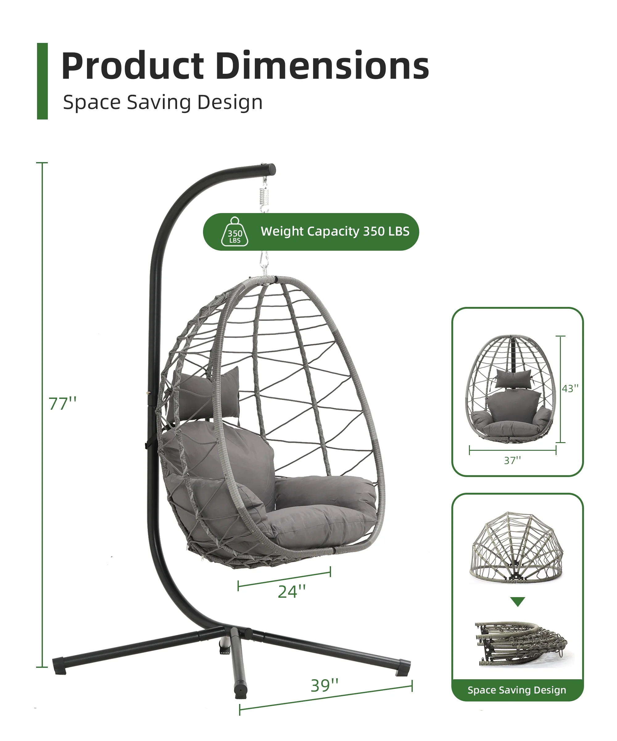 LHBcraft Swing chair clearance indoor Home Outdoor Egg Swing Chair, Patio Hanging Wicker basket stand with Soft Cushion UV Resistant 350LBS Capacity for Patio Backyard