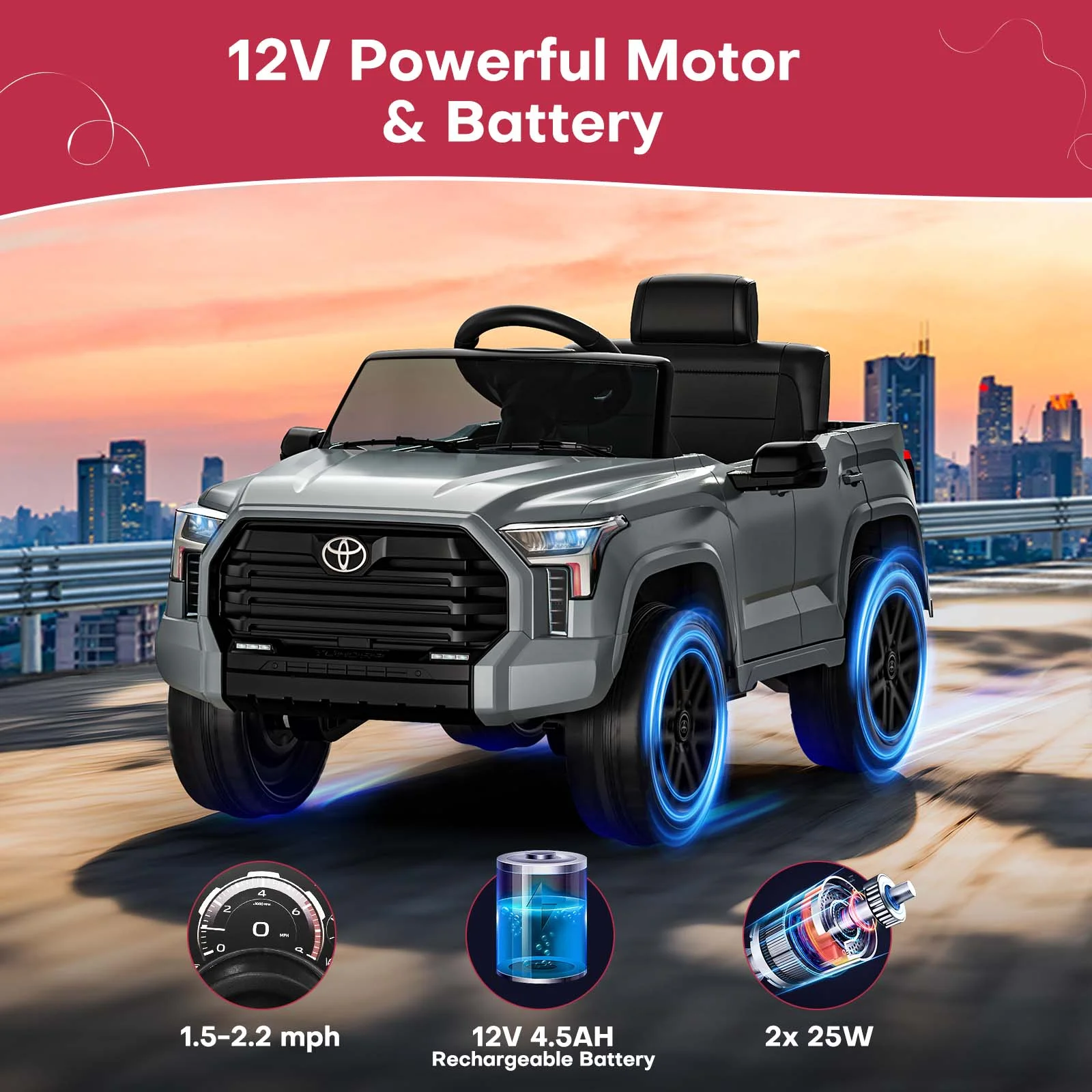 Teoayeah 12 V Kids Ride on Car w/Parent Remote Control, 12V4.5Ah Battery Powered Electric Car Ride on Toys, Kids Electric Vehicles with Wireless Music, Storage Space, Licensed TOYOTA Gray - Curated Treasures Market