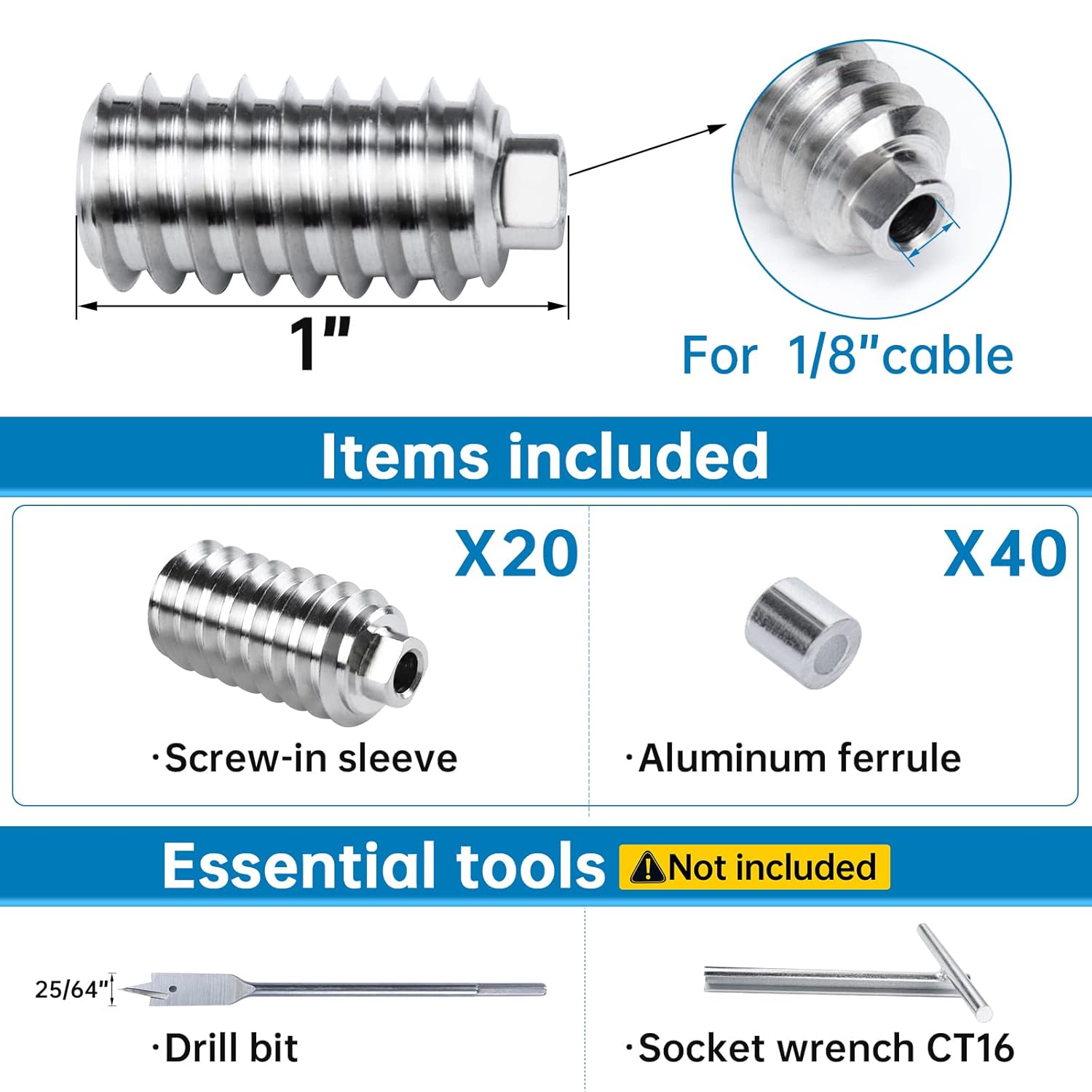 Muzata 20Pack 1/8" Invisible Cable Railing Kit Swage Lag Screw Cable Genie Tensioner Hidden T316 Stainless Steel for 4x4 6x6 8x8 Wood Posts Deck Stairs 10 Cable Lines CR73, CV1 CG1 Pack of 2