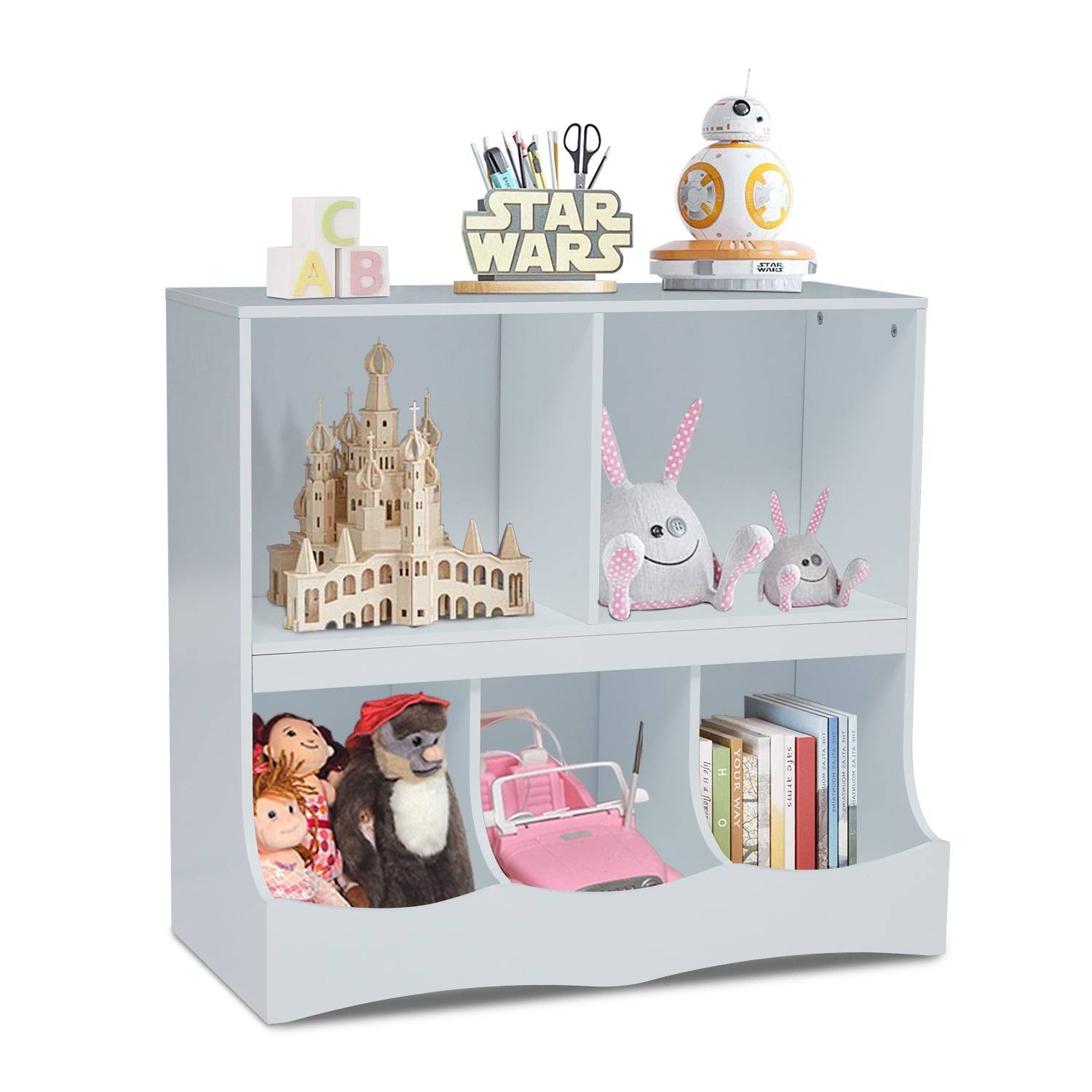 Kinbor Kids Multi-Bin Storage Organizer Cabinet Bookcase with 2 Shelf and 3 Bin Cubby Unit for Children Playroom, Decor Room - W