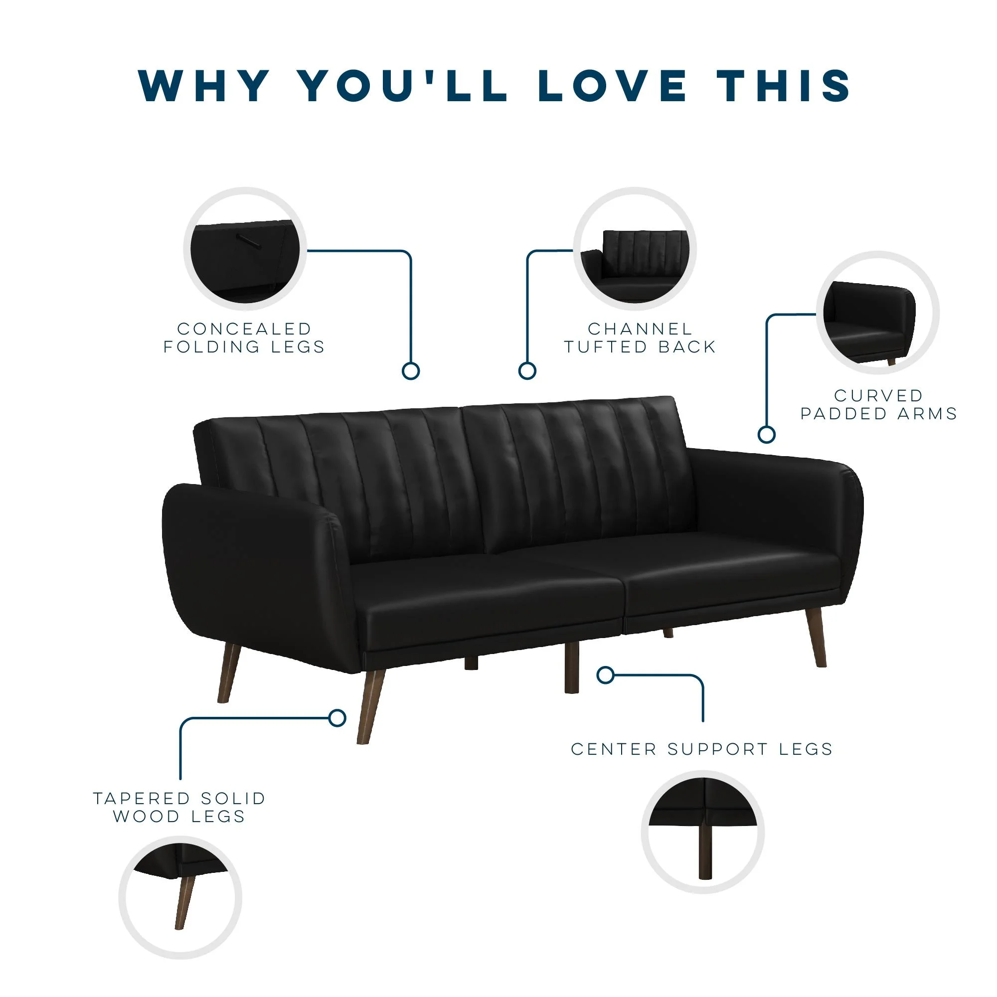 Novogratz Brittany Futon, Black Faux Leather