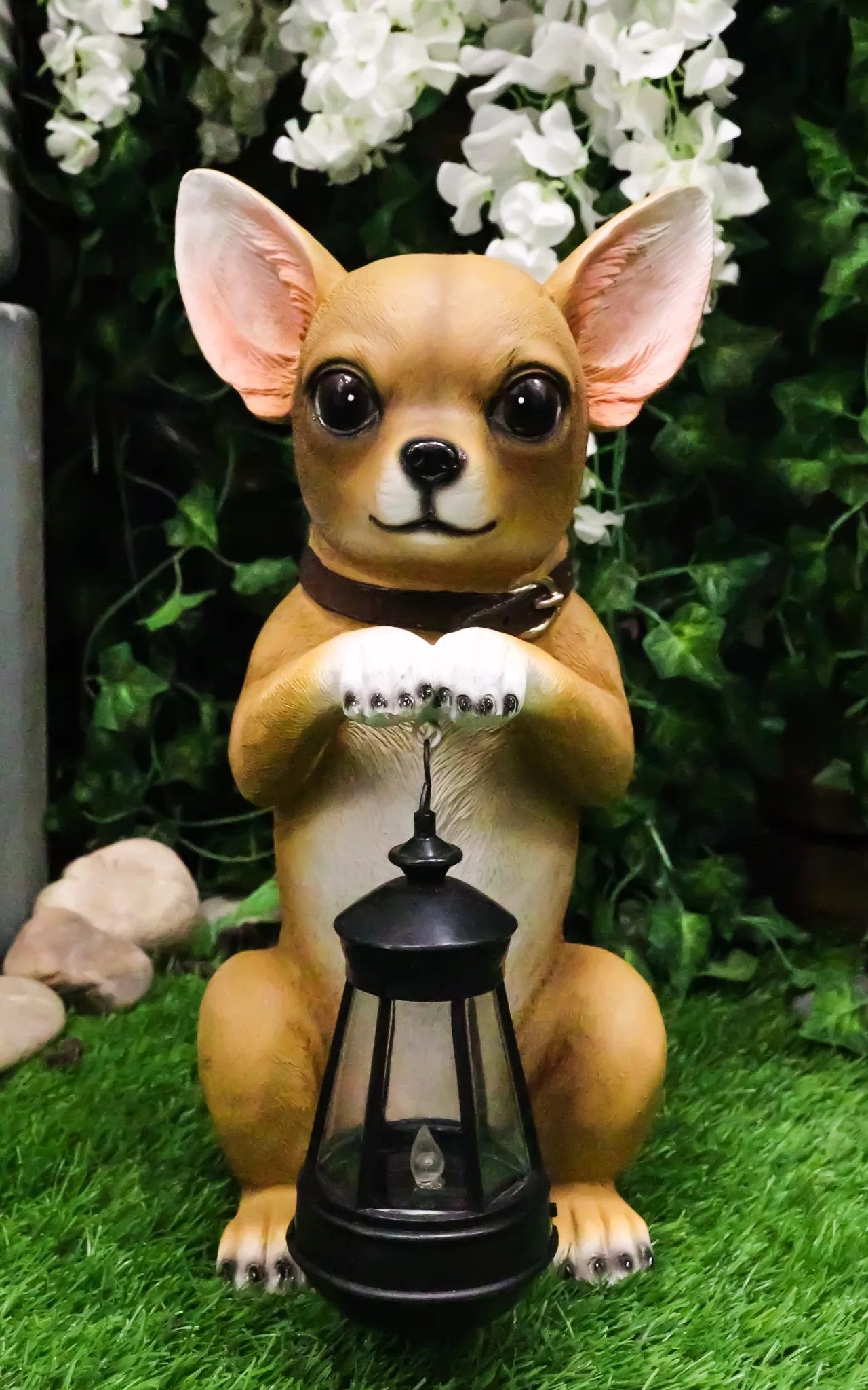 Ebros Gift Chihuahua Dog On Two Legs Statue with Solar LED Lantern Lamp 14" Tall - Curated Treasures Market