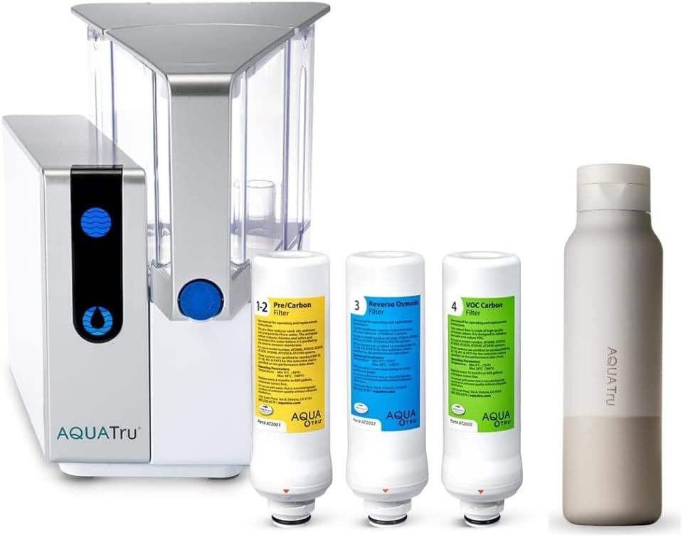 AquaTru Classic Countertop Water Filtration Purification System for PFAS & Other Contaminants with Exclusive Ultra RO Technology -No Installation-BPA Free & AquaTru Stainless Steel Water Bottle Bundle