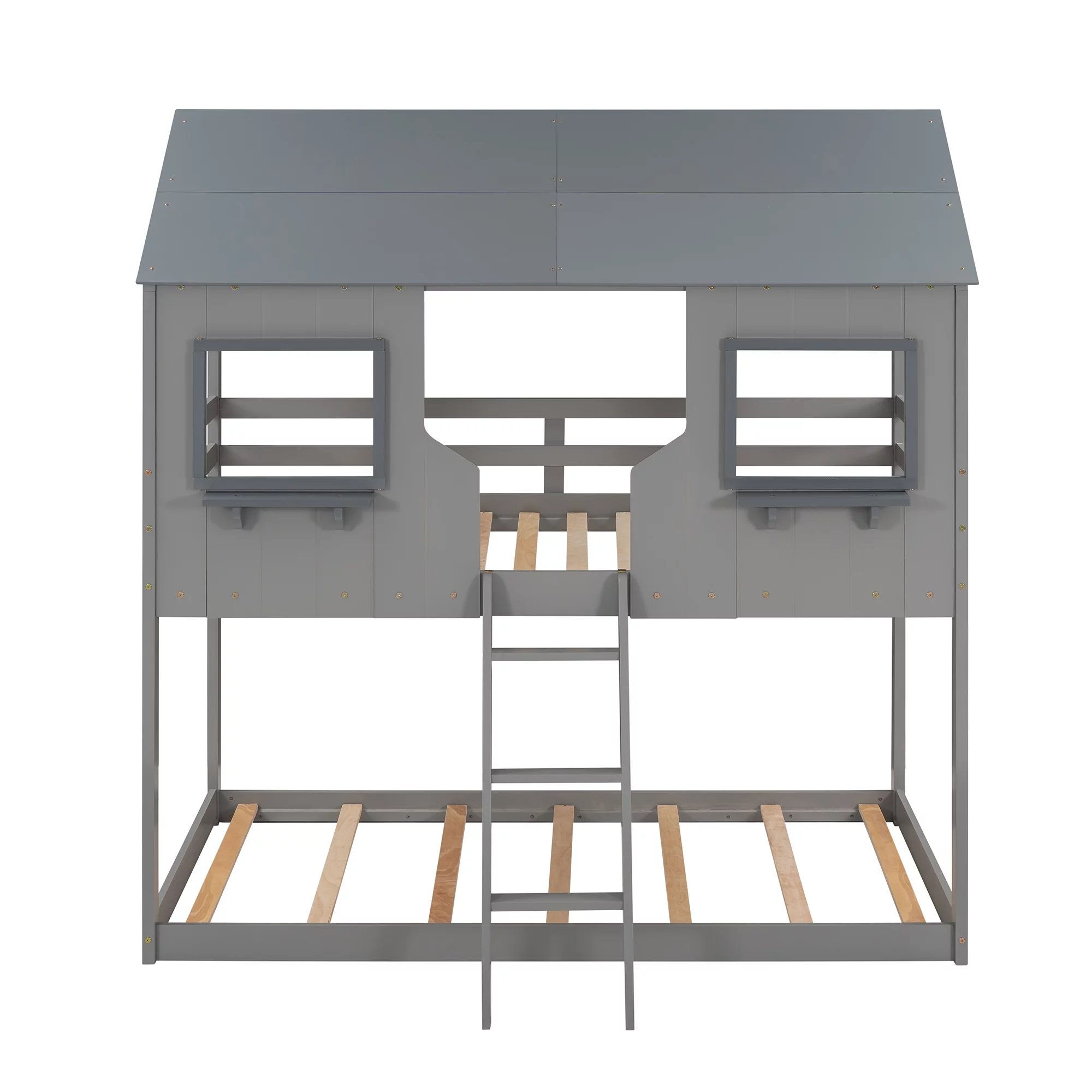 Bellemave Kids Bunk Bed Twin Over Twin, Wooden House Bunk Bed with Roof and Windows, Floor Bunk Beds for Kids Teens Girls Boys, No Spring Box Required (Gray)