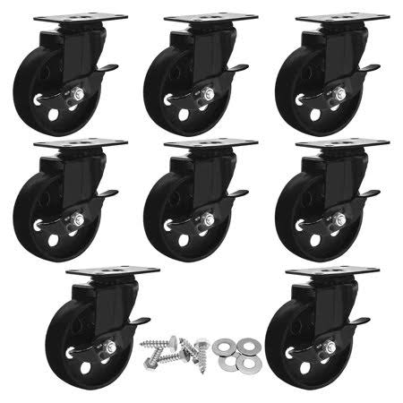 8 All Black Metal Swivel Plate Caster Wheels Heavy Duty High-gauge Steel w/ Screws (4 inch with BRAKE)