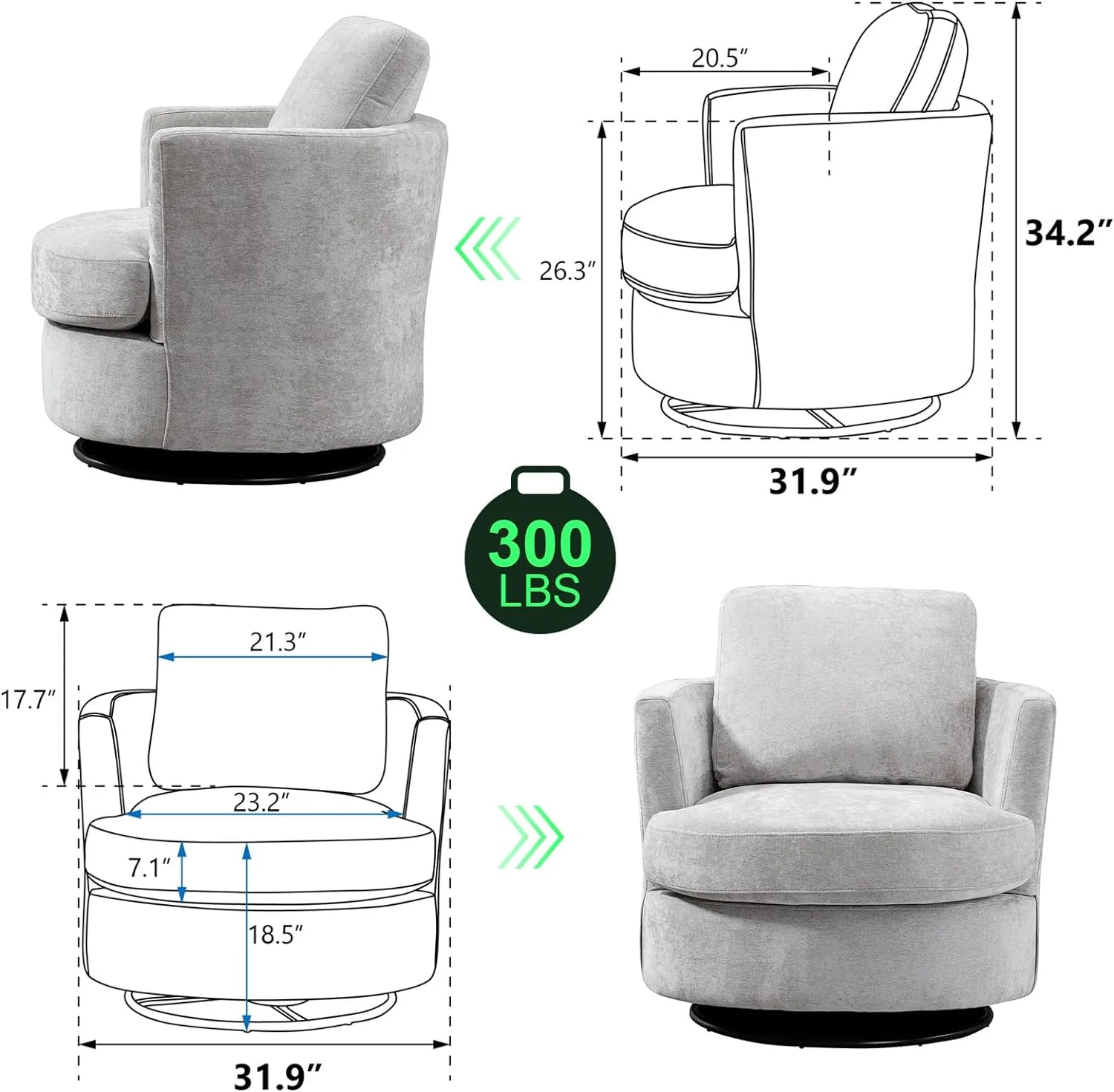 Swivel Barrel Chair Set of 2,31.9" W Modern Round Accent Arm Chairs Upholstered Comfy 360 Degree Swivel Single Circle Club Sofa Chair for Nursery Living Room Bedroom, Light Gray - Curated Treasures Market