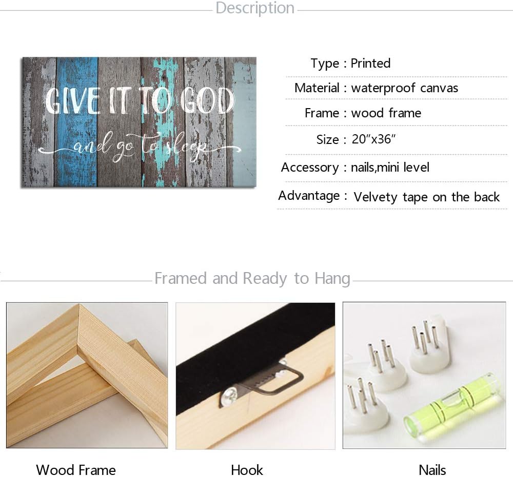 sechars Bedroom Quotes Wall Decor Give It To God And Go To Sleep Sign Canvas Prints Framed and Stretched Rustic Wood Textured Background Home Bedroom Decoration Easy to Hang 20x36inch