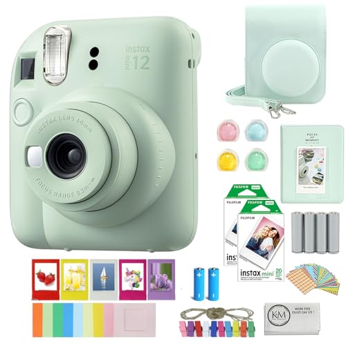 FUJIFILM INSTAX Mini 12 Instant Film Camera | Pastel Blue Bundled with INSTAX Mini Instant Film |40 Exposures + Instax Accessory Bundle + AA Batteries + Cleaning Cloth (10 Items)