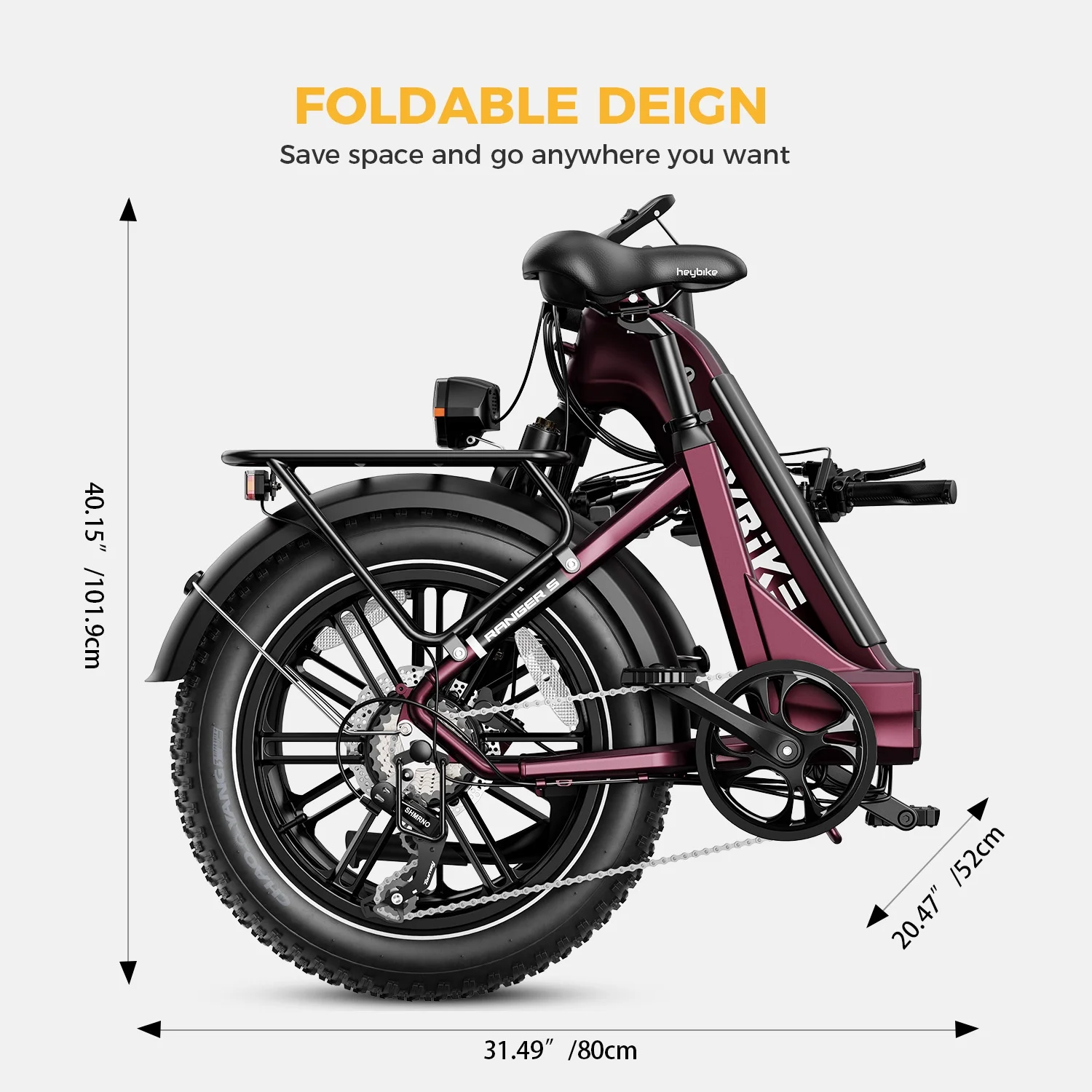 Heybike Ranger S Electric Bike for Adults, Foldable Ebike with 48V 14.4AH Removable Battery, 20" x 4.0 Fat Tire Step-thru Electric Bicycle, Electric Commuter Bikes for Womens Mens