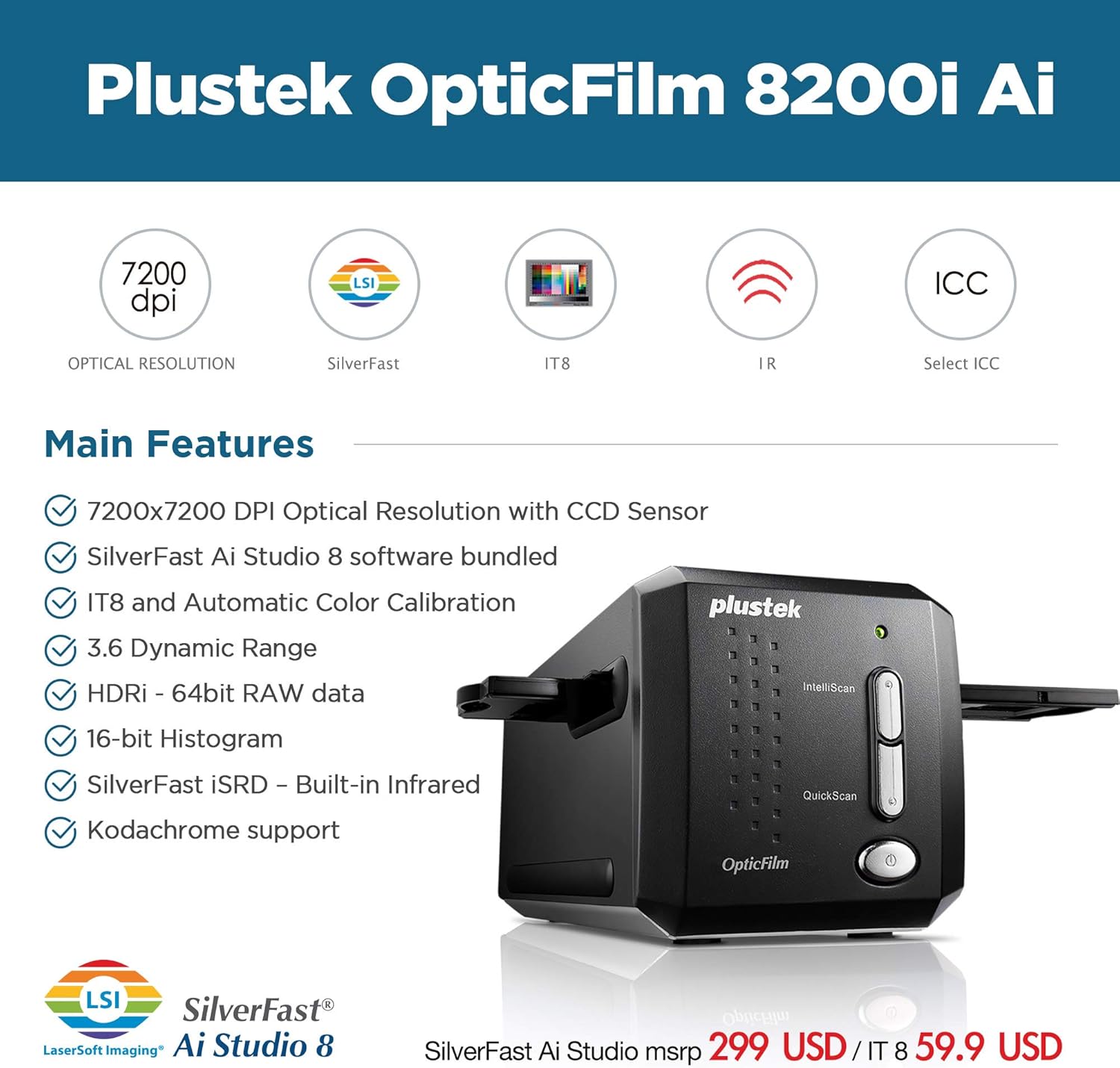 Plustek OpticFilm 8200i AI - 35mm Film & Slides Scanner. IT 8 Calibration Target + SilverFast Ai Studio 8.8, 7200 dpi Resolution 64Bit HDRi , Mac/PC