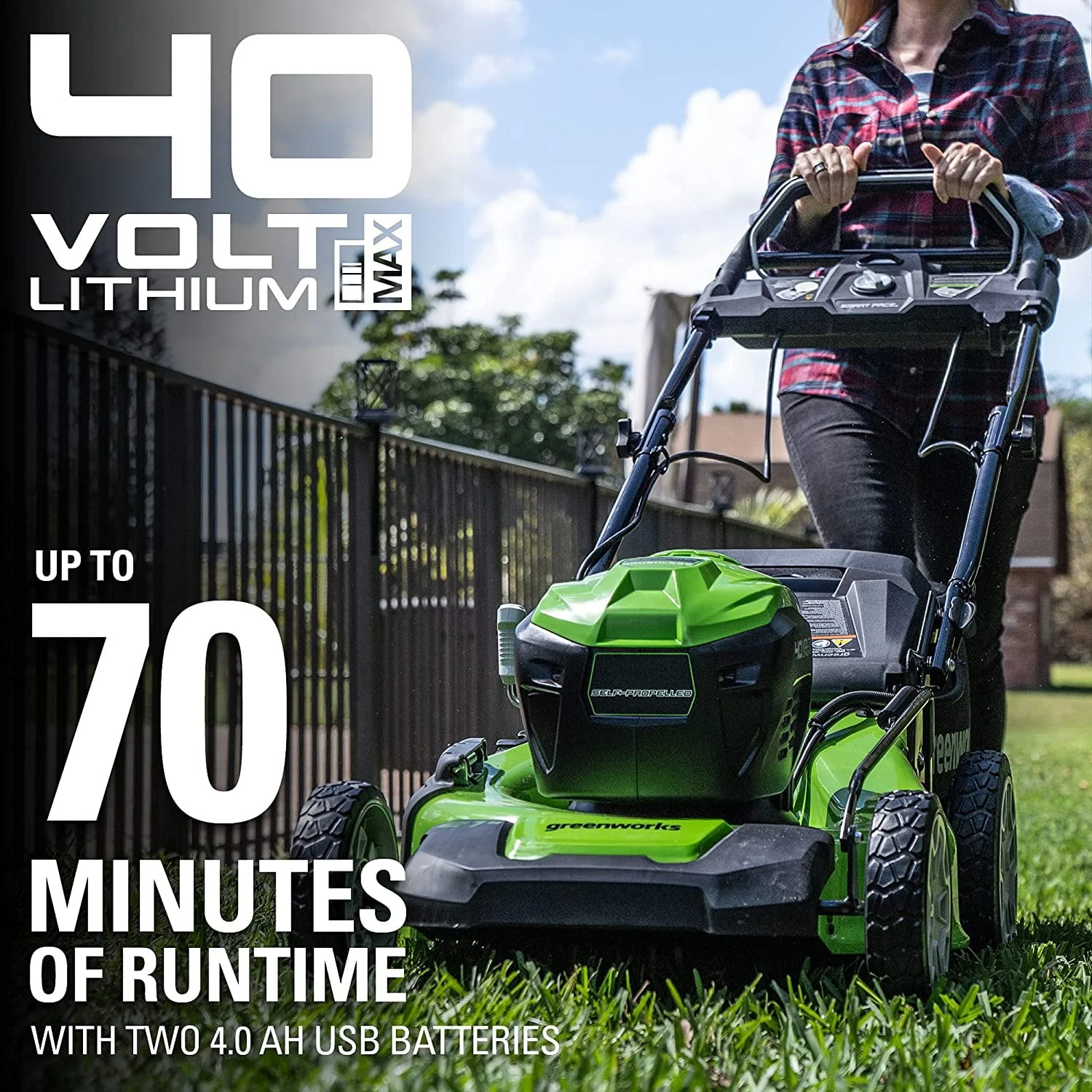 Greenworks 40V 21 Brushless (Smart Pace) Self-Propelled Lawn Mower, 2 x 4Ah USB (Power Bank) Batteries and Charger Included MO 21 Mower (2 x 4.0Ah)