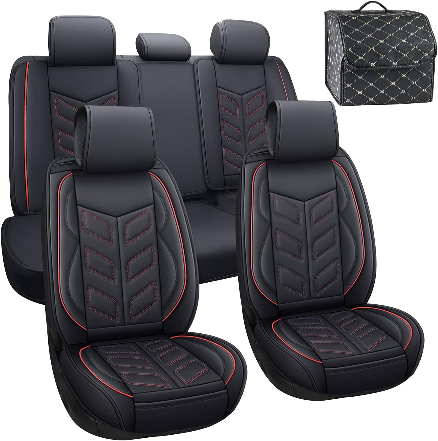Leather Car Seat Covers, Waterproof Non-Slip Faux Leather Car Seat Cushion Protector Universal Fit for Most Sedan SUV Truck Pickup Airbag Compatible (Front Pair, Black+Red)