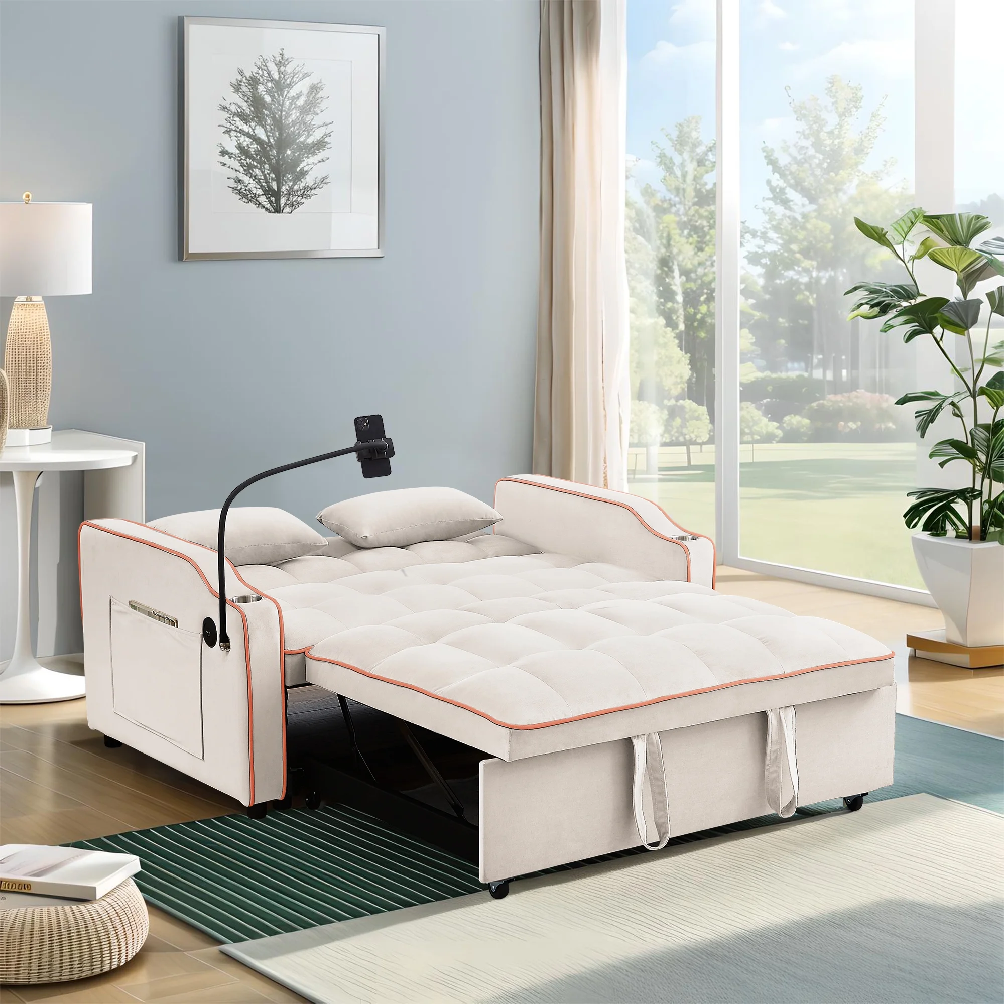 Muumblus Pull Out Sofa Bed, 3-in-1 Convertible Sofa Bed, Modern 2 Seater Sofa Bed with USB Port and Cup Holders, Velvet Loveseat Sleeper for Living Room, Small Spaces, Beige