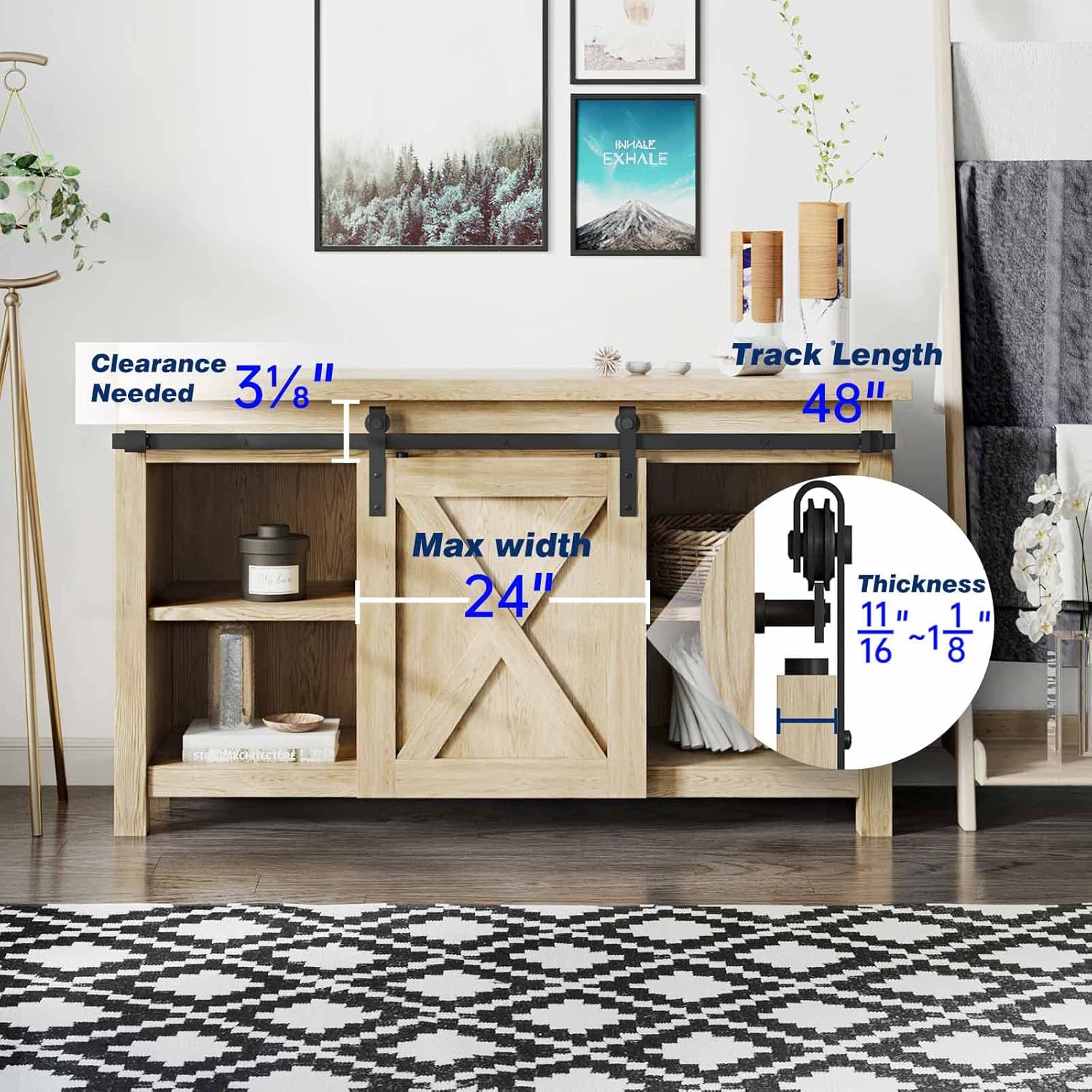 EaseLife 5 FT Cabinet Mini Sliding Double Barn Door Hardware Track Kit,Easy Install,Slide Smoothly Quietly,Apply for Storage Window TV Stand and Other Shielding (No Cabinet)