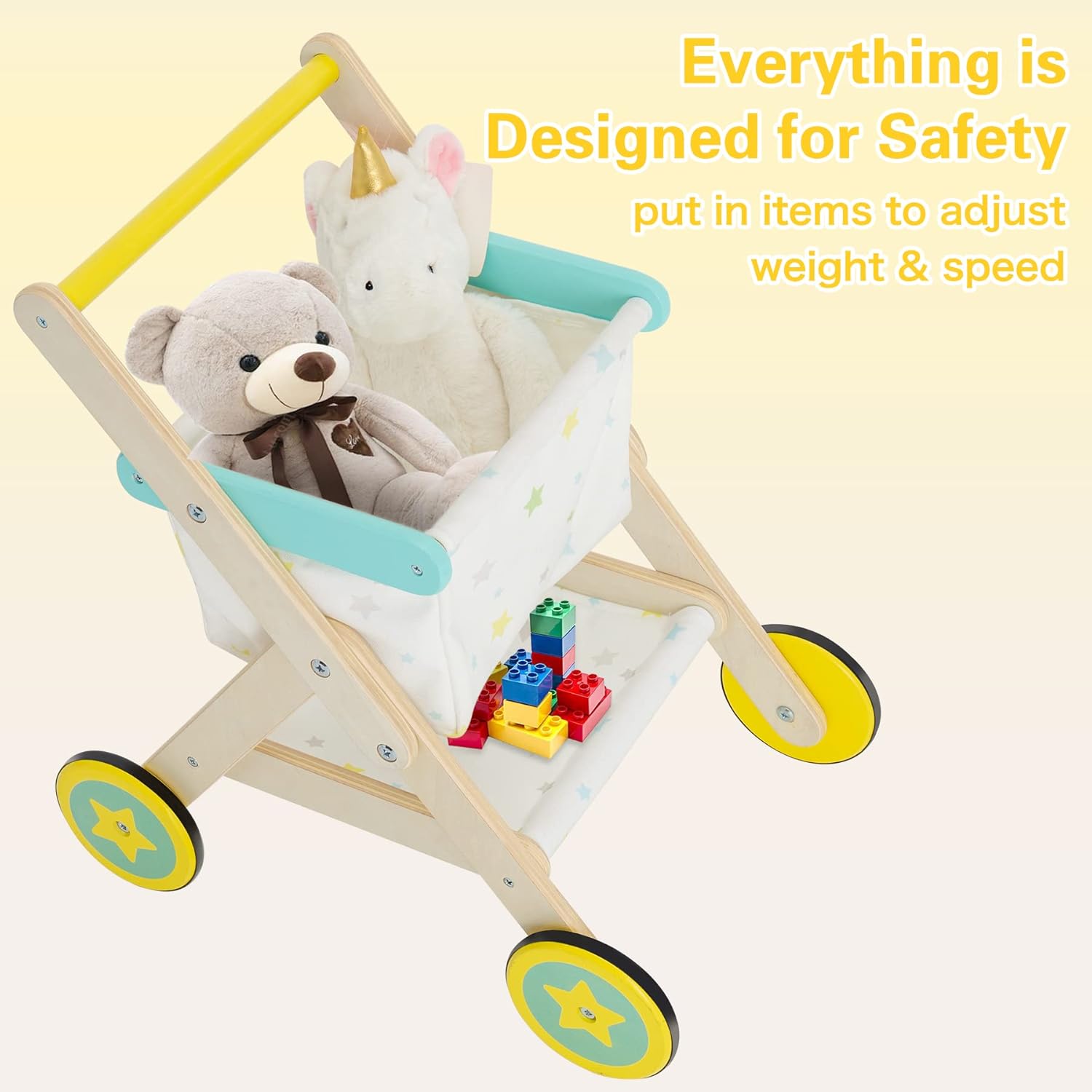 labebe Kids Push Walker & Baby Wooden Shopping Cart 2-in-1, Toddler Wood Trolley Toys to Learning Walk for Girls & Boys 1-3 Years Old