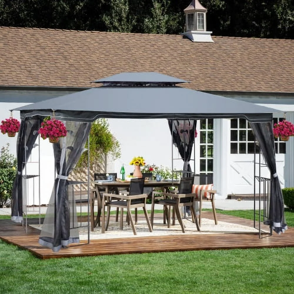 13x10 Outdoor Patio Gazebo Canopy Tent With Ventilated Double Roof And Mosquito net(Detachable Mesh Screen On All Sides),Suitable for Lawn, Garden, Backyard and Deck,Gray Top - Curated Treasures Market