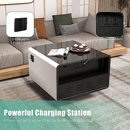 Atlodas 26.5" Smart Nightstand with Fridge, Mini Coffee Table, Side Table with Wireless Charging, Power Outlet, USB Interface, Outlet Protection, Induction Light, (Black)