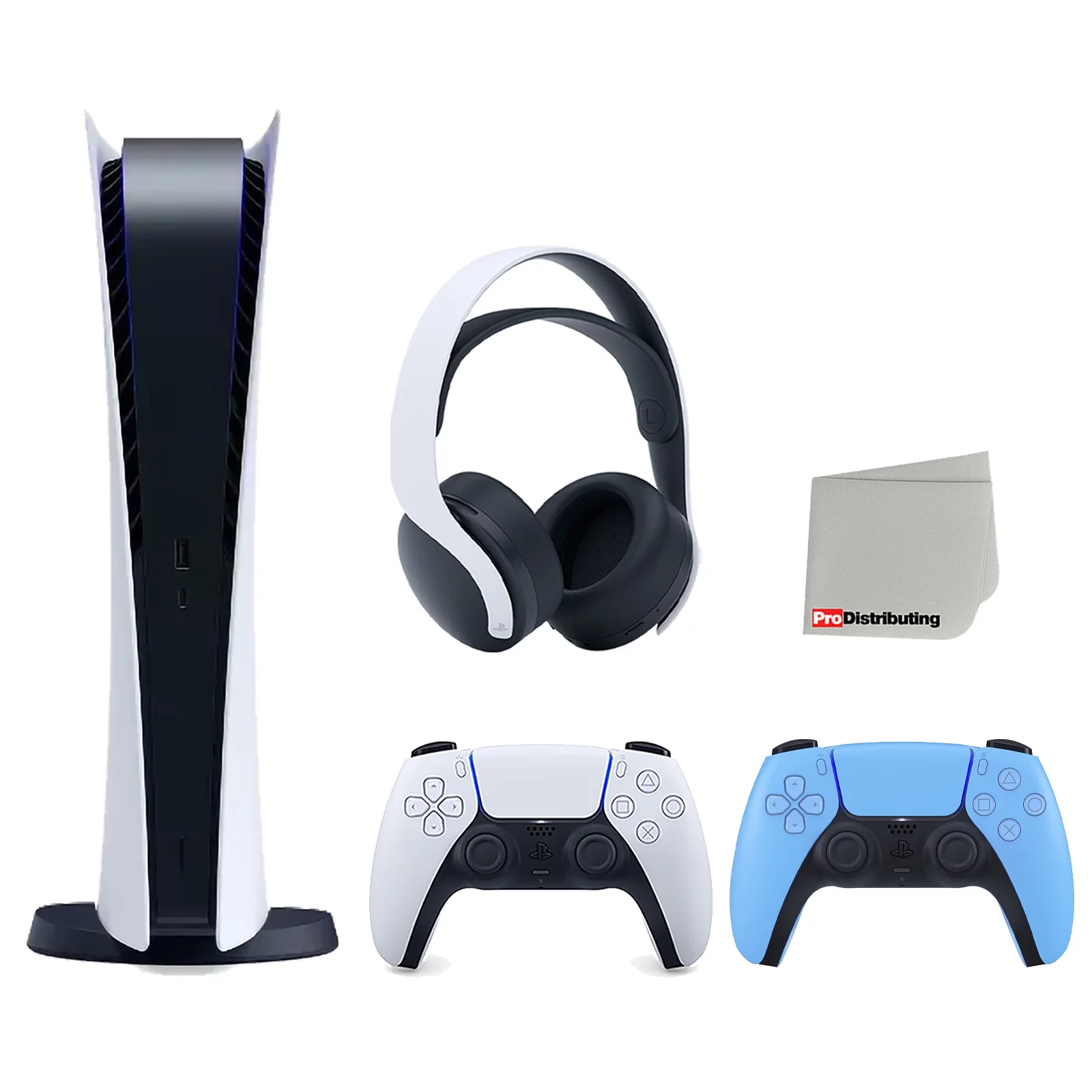 Sony Playstation 5 Digital Edition Console (Japan Import) with Extra Blue Controller and White PULSE 3D Headset Bundle with Cleaning Cloth