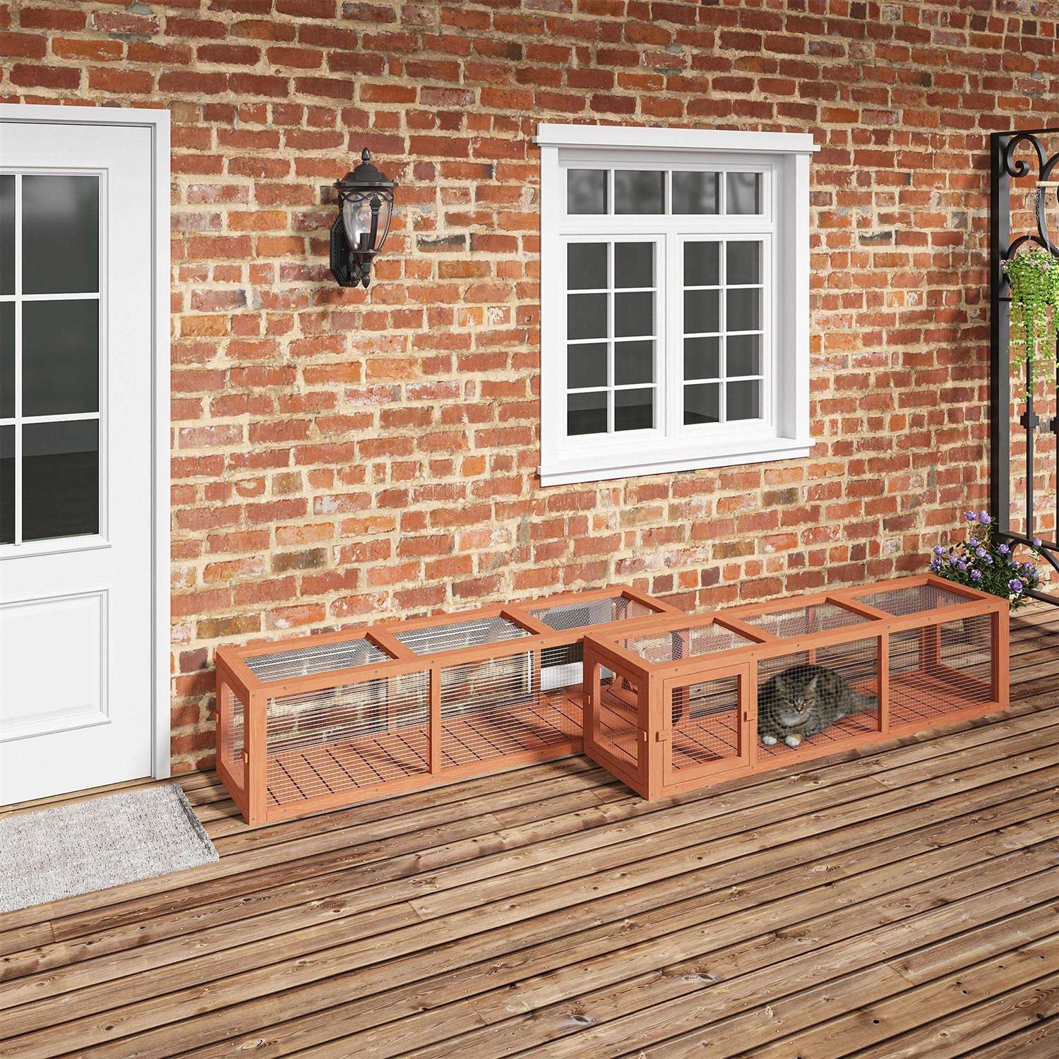 PawHut 59 Long Cat Tunnel with Extendable Design Wooden Outdoor Cat Tunnel House with Weather Protection - Pet Supplies online store