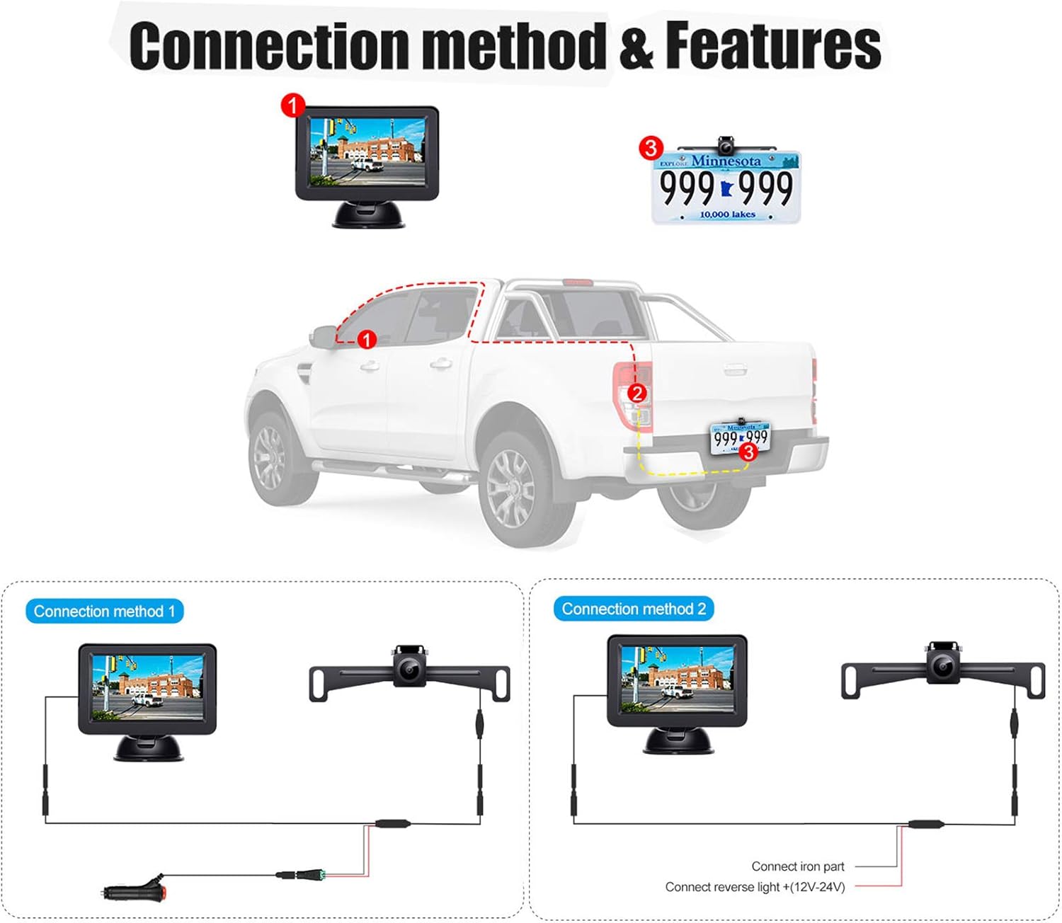 Regetek HD Digital Backup Camera System 5'' LCD Monitor Waterproof Night Vision Rear/Front View Camera for Cars ATVs SUVs UTVs Can-Am Vans Campers Sedans Pickup Truck Minivans Trailer RVs Motorhomes