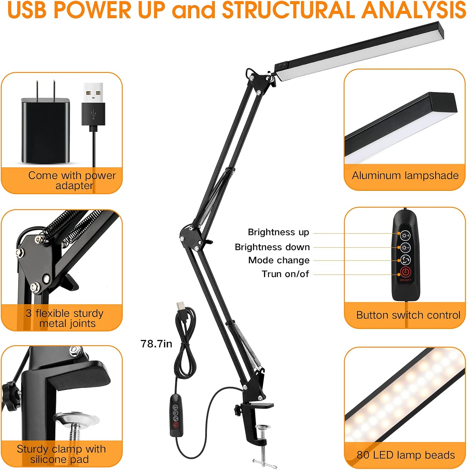 LED Desk Lamp, ENOCH 14W Eye-Caring Metal Swing Arm Desk Lamp with Clamp, 3 Modes, 30 Brightness Dimmable Clamp Desk Light with Memory Function/USB Adapter, Architect Table Desk Lamps for Home Office