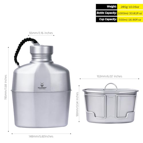 SILVERANT Camping Canteen Titanium Military Canteen Mess Kit Ultralight Camping Mug with Carry Pouch & Cup Foldable Handle -Bottle 1000ml, Cup 600ml