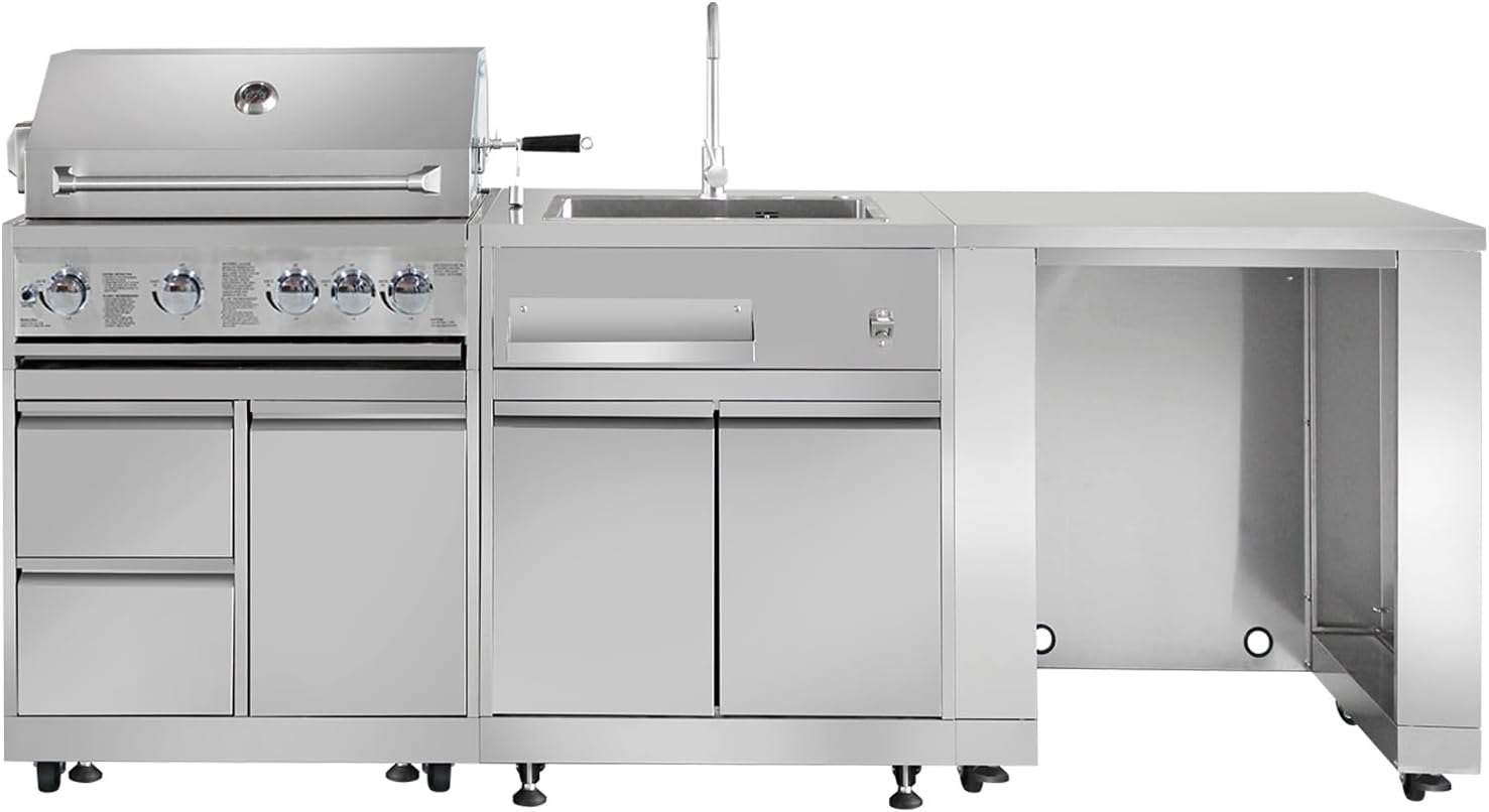 4 Pcs Stainless Steel Outdoor Kitchen Bar Gas Barbecue Island Grill, 4-Burner 59000 BTU Built-in Grill with Infrared Rear Burner + Grill Cabinet + Sink Cabinet + Appliance Cabinet + Rotisserie Kit