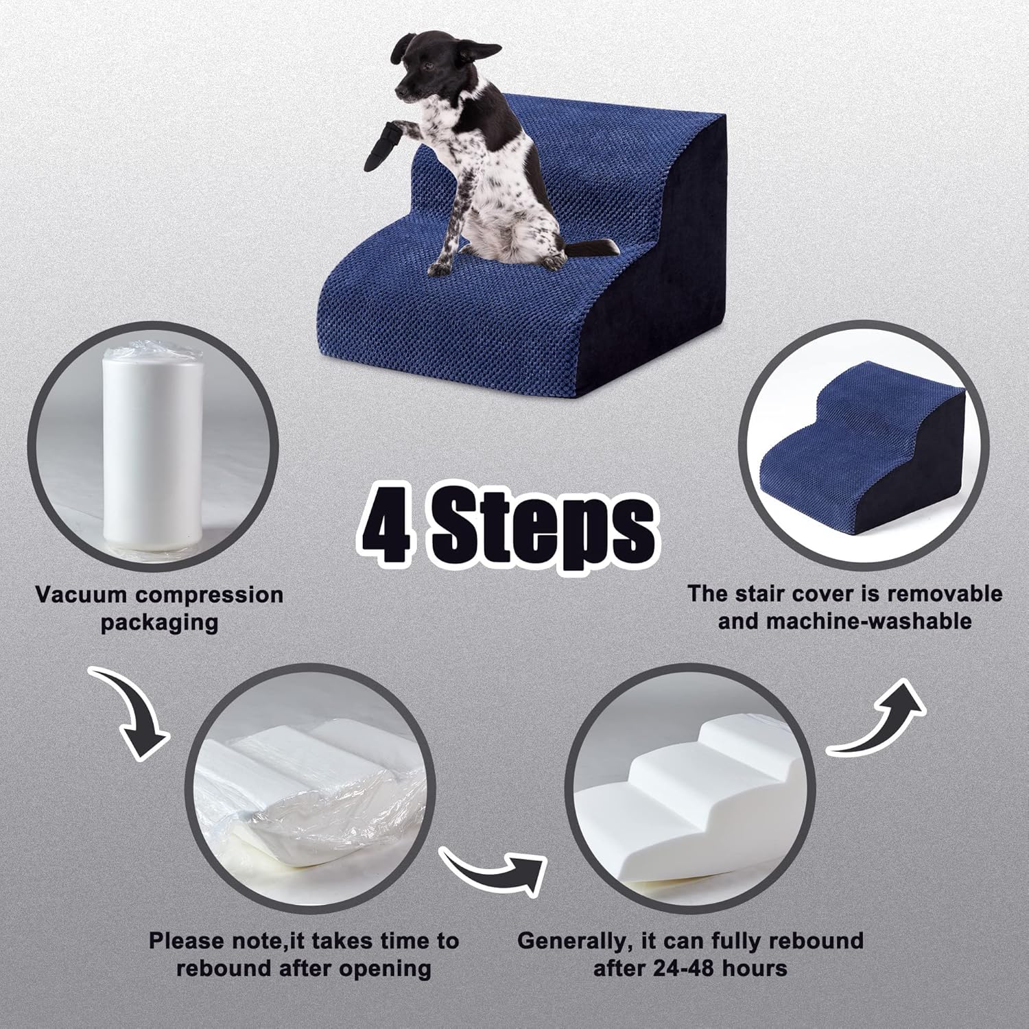 MALOROY 2 Tiers Foam Dog Ramps, Dog Ladder Pet Ramp Stairs Non-Slip Pet Step for Older Dogs and Pets with Joint Pain, Sofa Bed Ladder for Cats（Navy Blue）