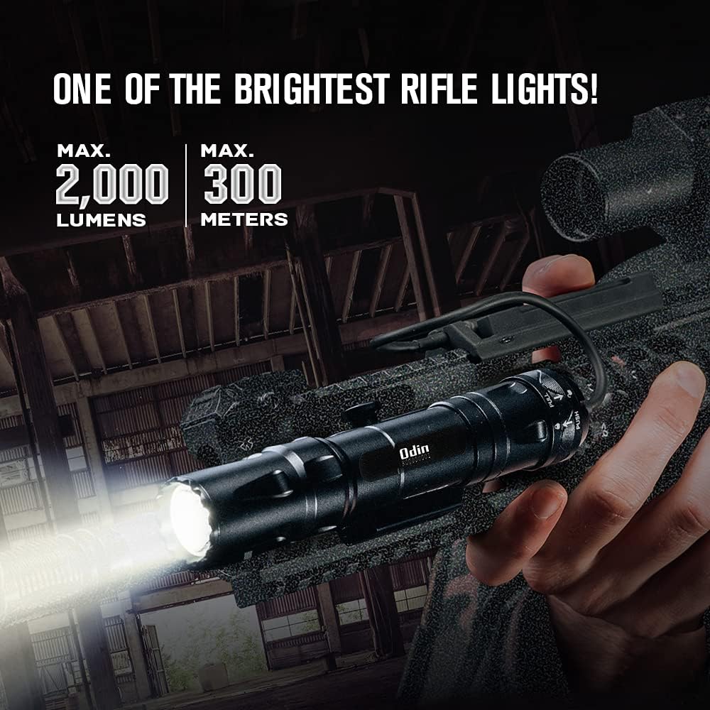 OLIGHT Odin 2000 Lumens Picatinny Rail Mounted Rechargeable Tactical Flashlight with Remote Pressure Switch, 300 Meters Beam Distance, Powered by Battery