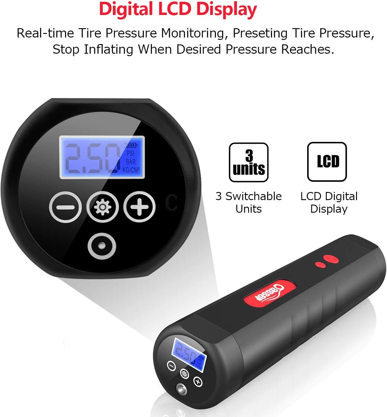 Oasser Air Compressor Portable Mini Air Inflator Hand Held Tire Pump 2000 Battery Digital LCD for Car Bicycle Tires Inflatables 12V 110V AC DC P1S