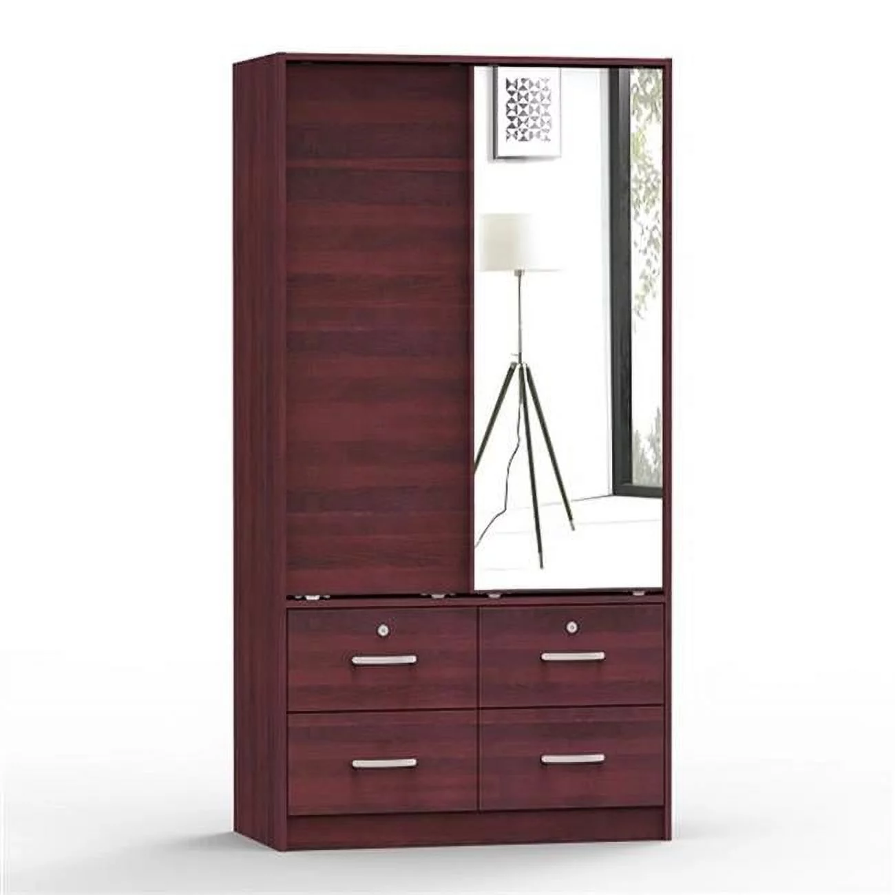 Sarah Double Sliding Door Armoire with Mirror, Mahogany