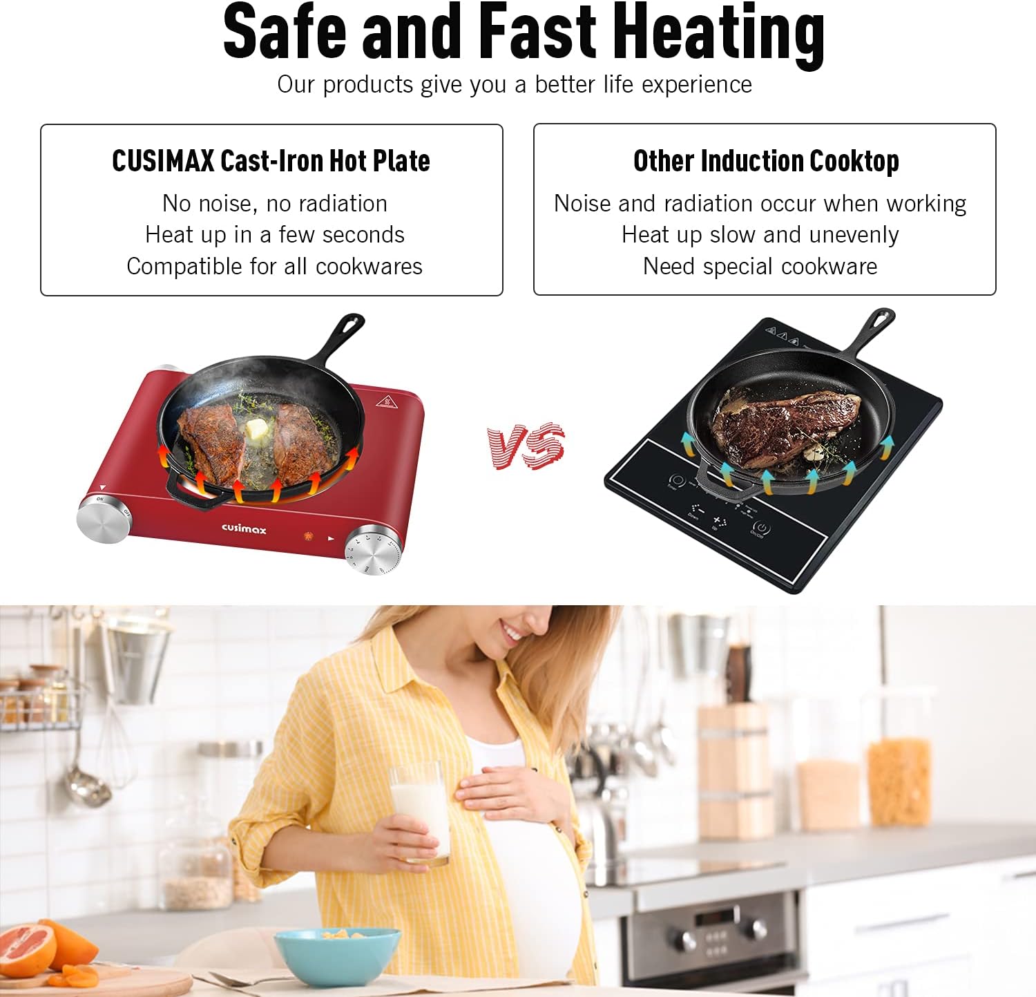 Cusimax Hot Plate Electric Burner Single Burner Cast Iron hot plates for cooking Portable Burner 1500W with Adjustable Temperature Control Stainless Steel Non-Slip Rubber Feet, Upgraded Version