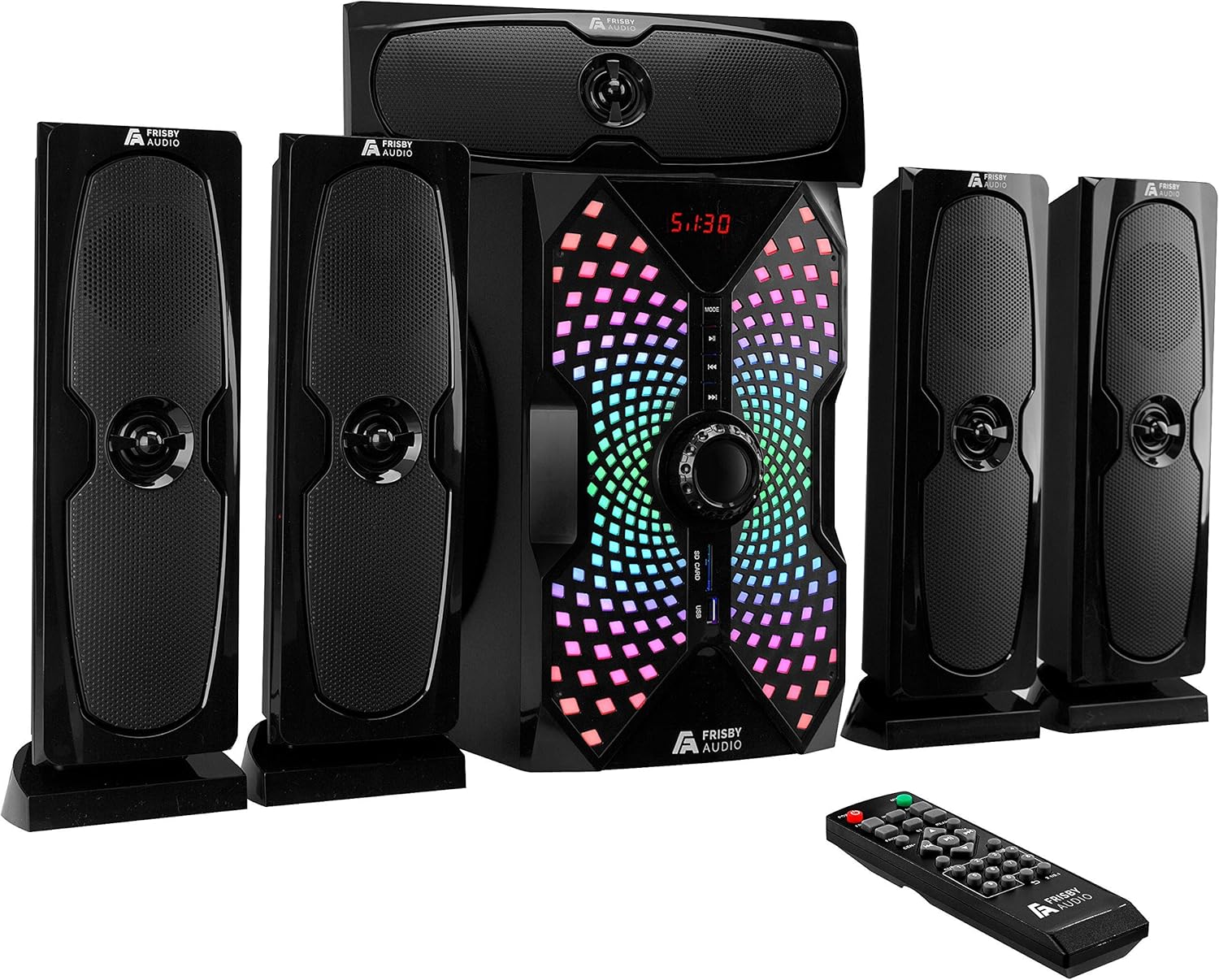 Frisby Audio 125 Watt Home Theater 5.1 Surround Sound Speaker System with Subwoofer, Bluetooth Wireless Streaming from Devices & Media Reader, RGB LED Pulse Lighting, Digital Optical Input – Black