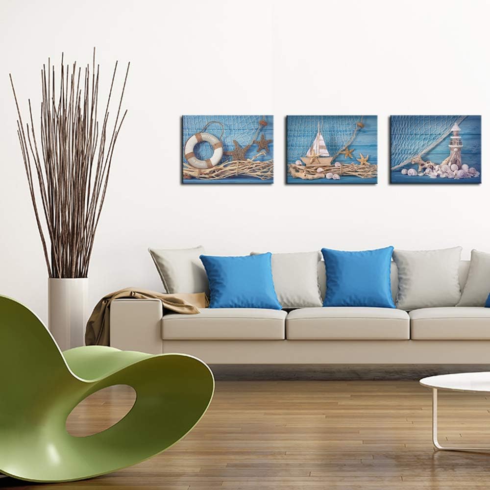 LevvArts 3 Piece Beach Canvas Wall Art Seashell Startfish with Blue Board Picture Prints Maritime Sailing Boat Lighthouse Poster Painting for Bathroom Gallery Canvas Wrapped Ready to Hang