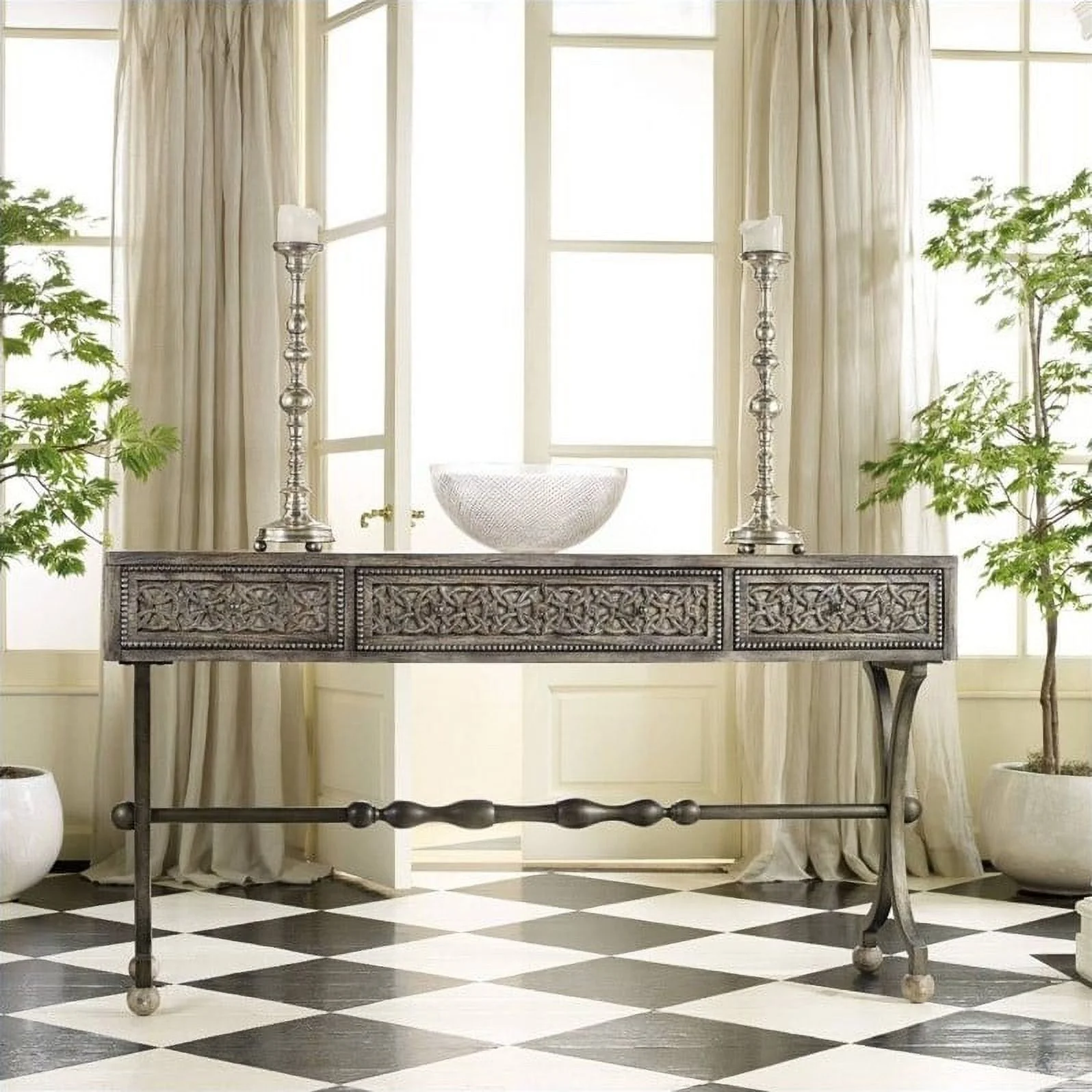 Bowery Hill 3-Drawer Traditional Wood & Metal Console Table in Weathered Gray