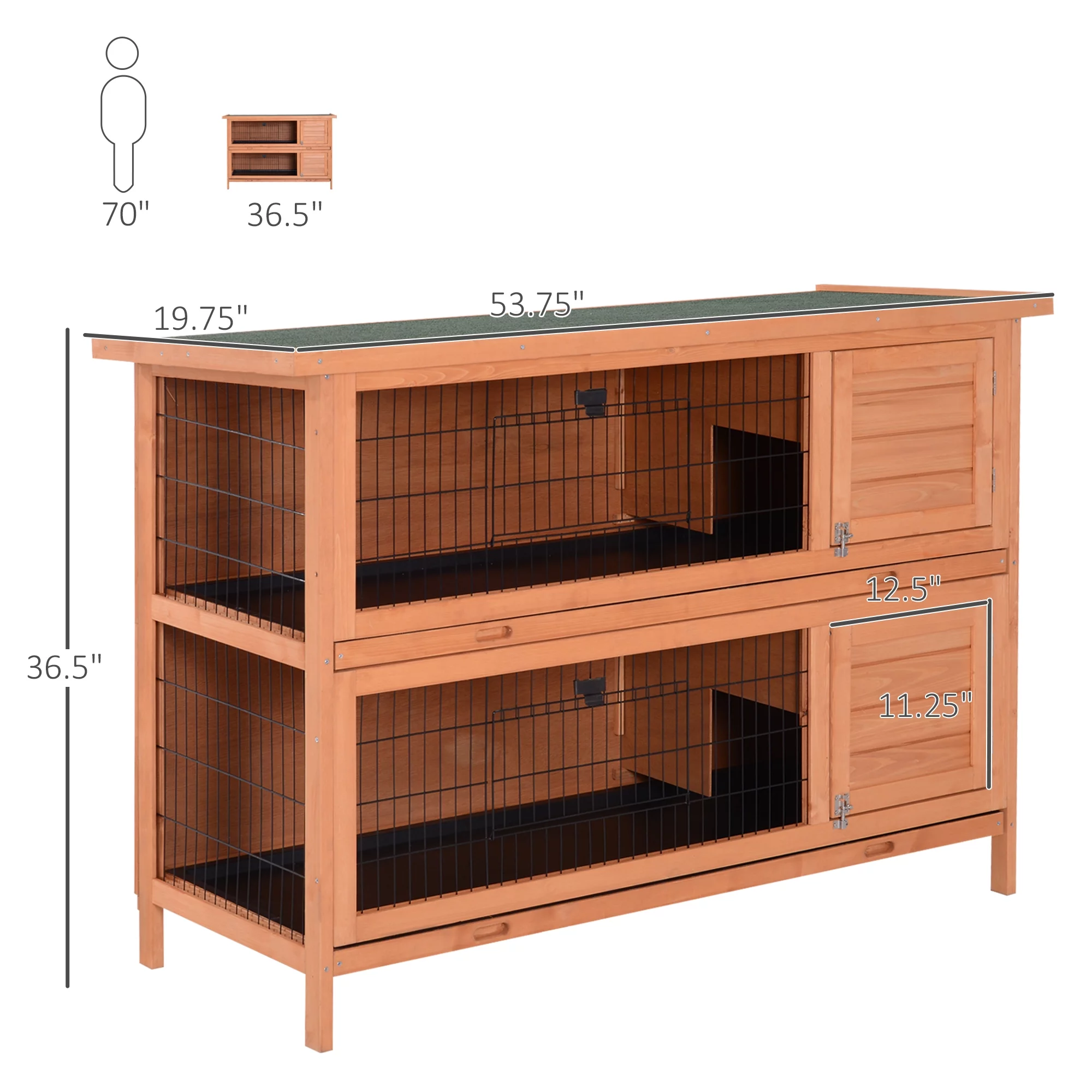 Pawhut 54" 2-Floor Large Rabbit Hutch Wooden Pet House Bunny Cage Small Animal Habitat with Lockable Doors Run Asphalt Roof for Outdoor Use Gray - Curated Treasures Market