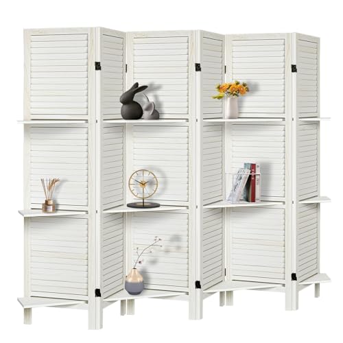 Room Divider with Shelves, Privacy Screen, Room Dividers and Folding Privacy Screens, 5 Panel Wood Temporary Wall Partition Separation Separator, Coconut