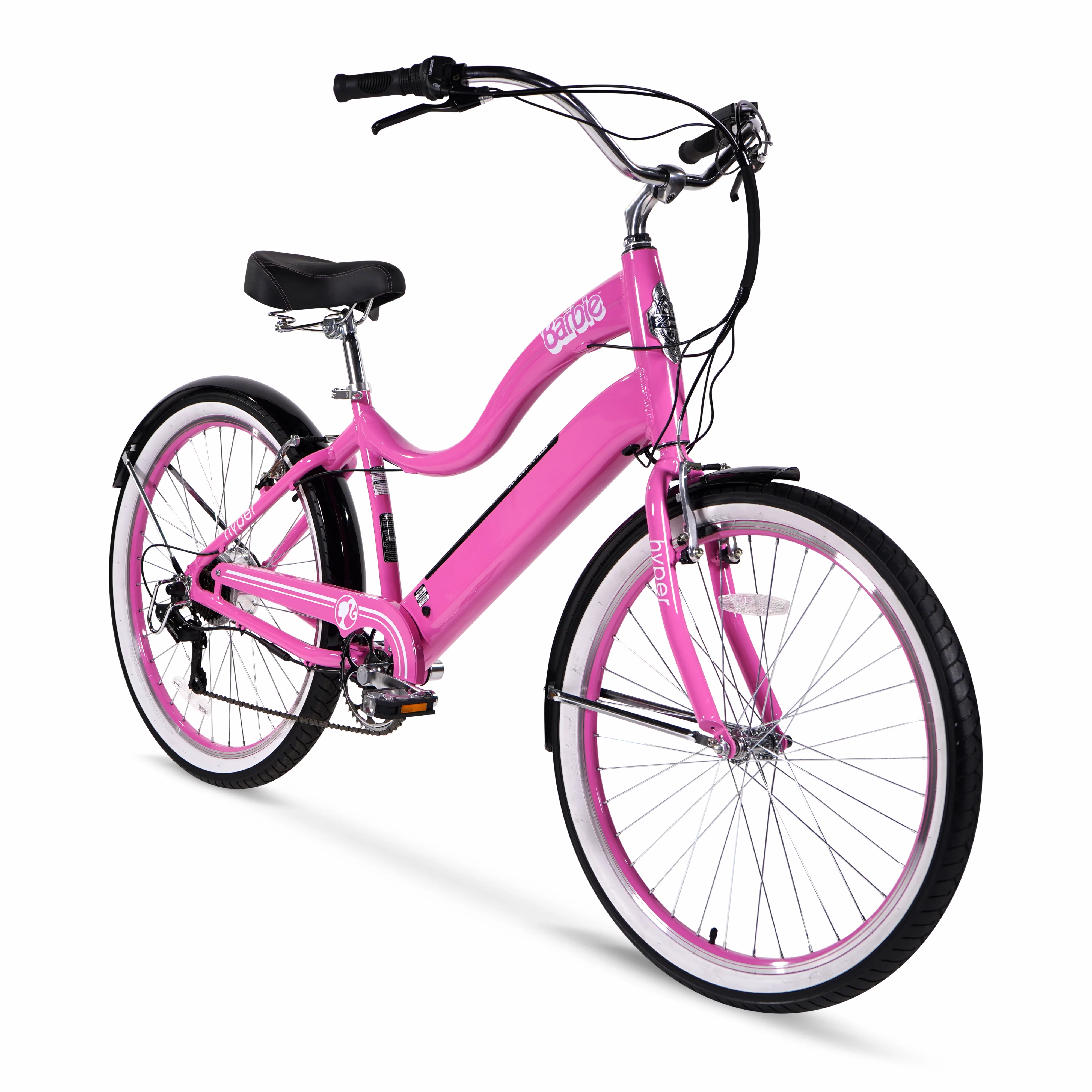 Hyper Bicycles Barbie 26" Ladies 36V Electric Cruiser E-Bike with Pedal-Assist, for adults, 250W Motor, Pink