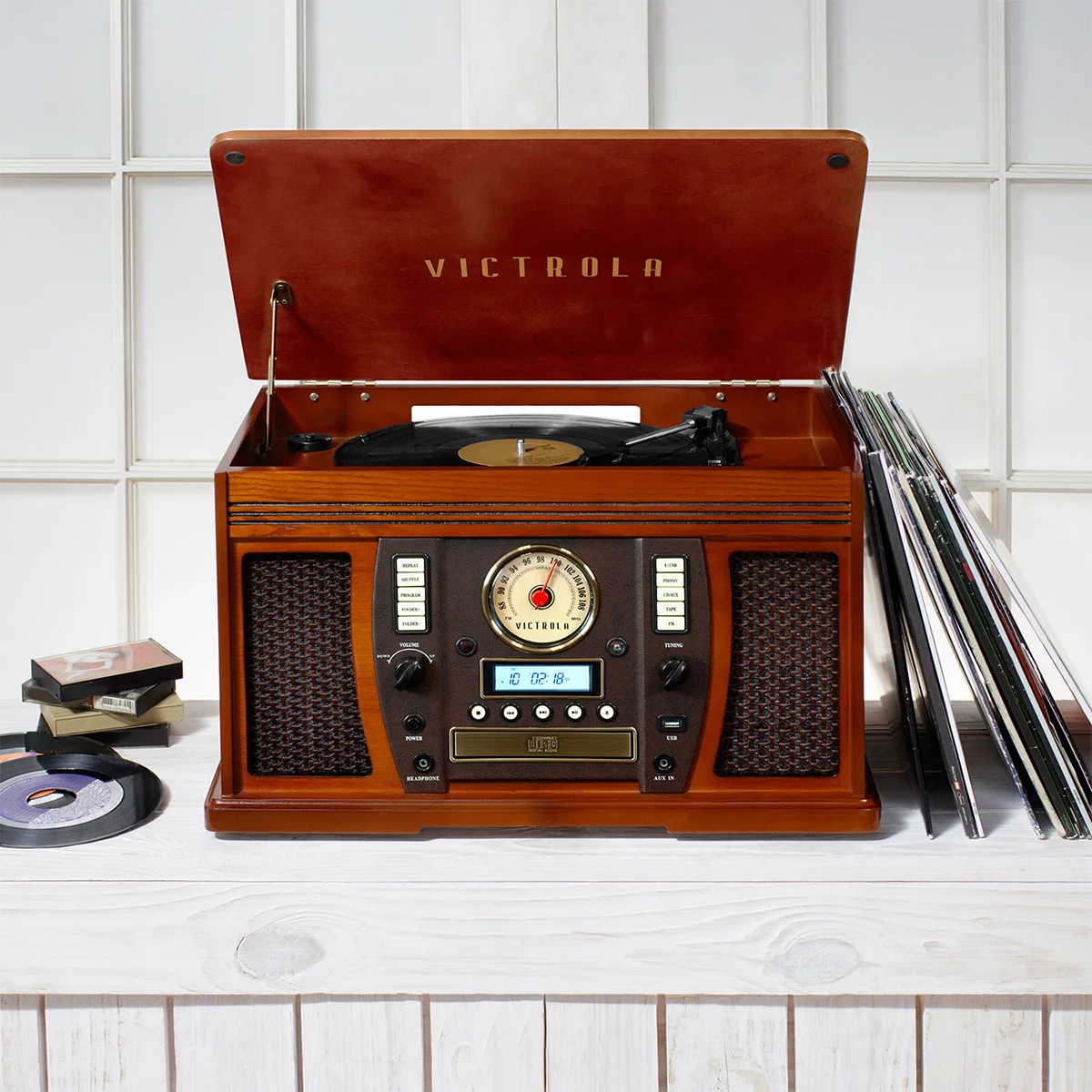 Victrola Aviator 8-in-1 Bluetooth Turntable & Multimedia Center with Built-in Stereo Speakers (Mahogany)