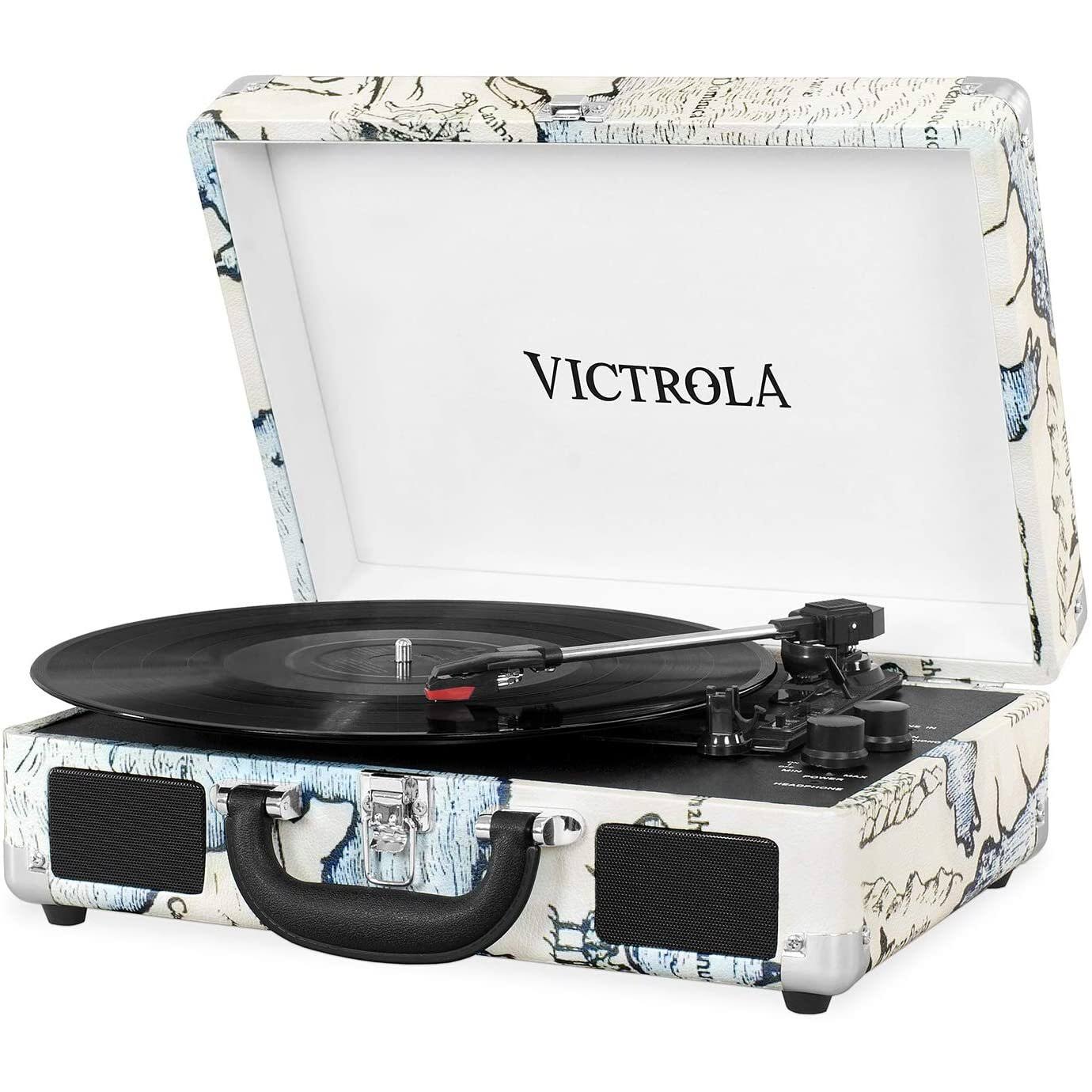 Victrola Vintage 3-Speed Bluetooth Suitcase Turntable with Speakers, Retro Map