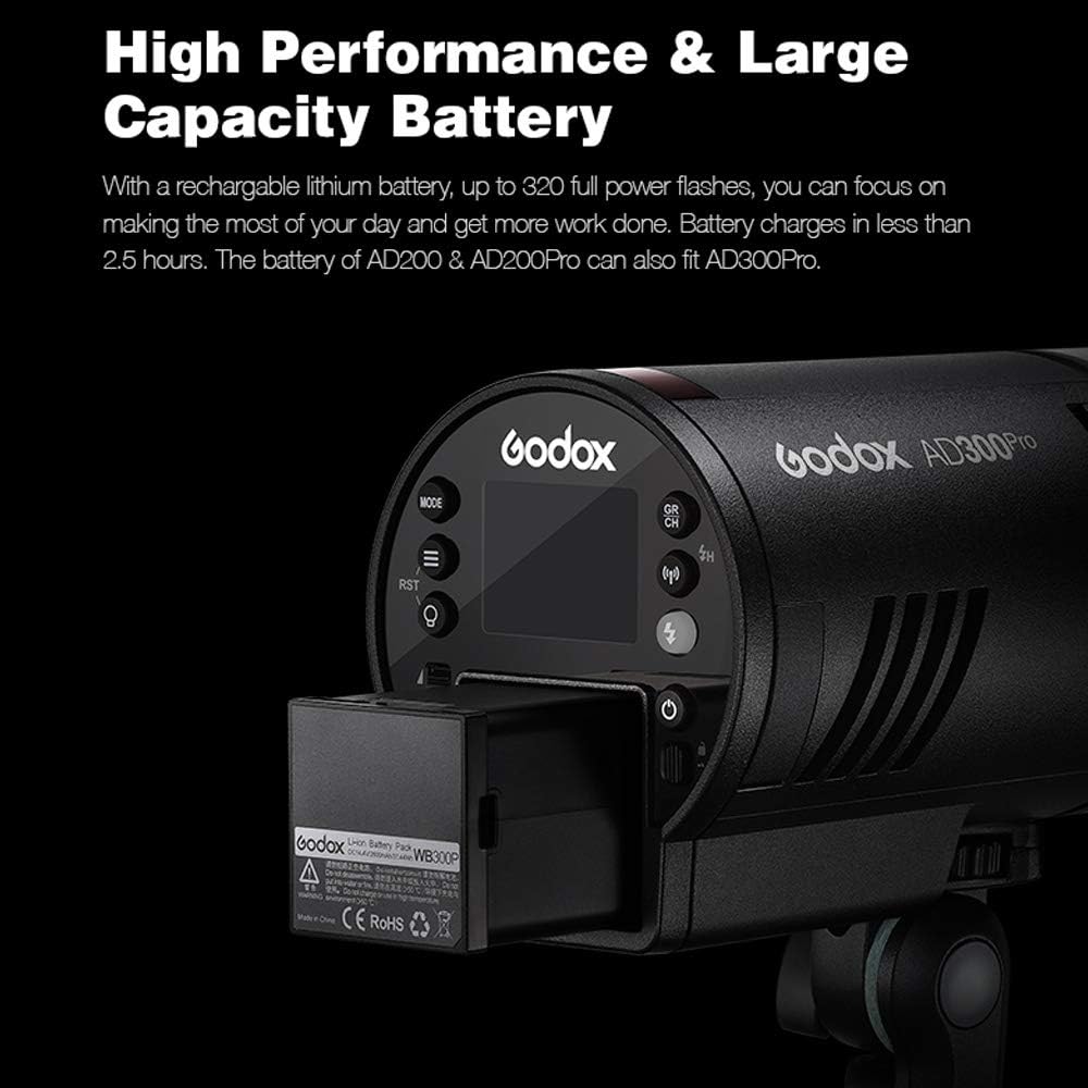 Godox AD300Pro AD300 Pro, 300W 2.4G TTL Flash Strobe Monolight, 1/8000 HSS, 0.01-1.8S Recycle Time, 300 Full Power Pops, 5600±100K, 12W Brightness Adjustable Bi-Color Modeling Led, W/Handheld Grip
