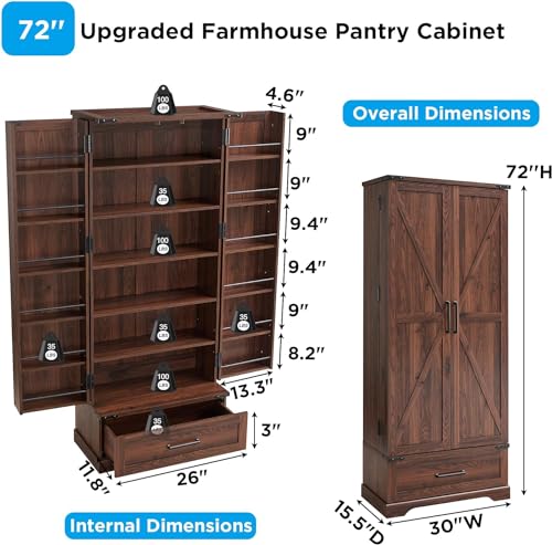 72" Farmhouse Kitchen Pantry Cabinet with Drawer, Tall Storage Cabinet with 2 Barn Doors and Shelves, Versatile Large Rustic Cupboard for Dining Room, Bathroom, Living Room, Laudry, White
