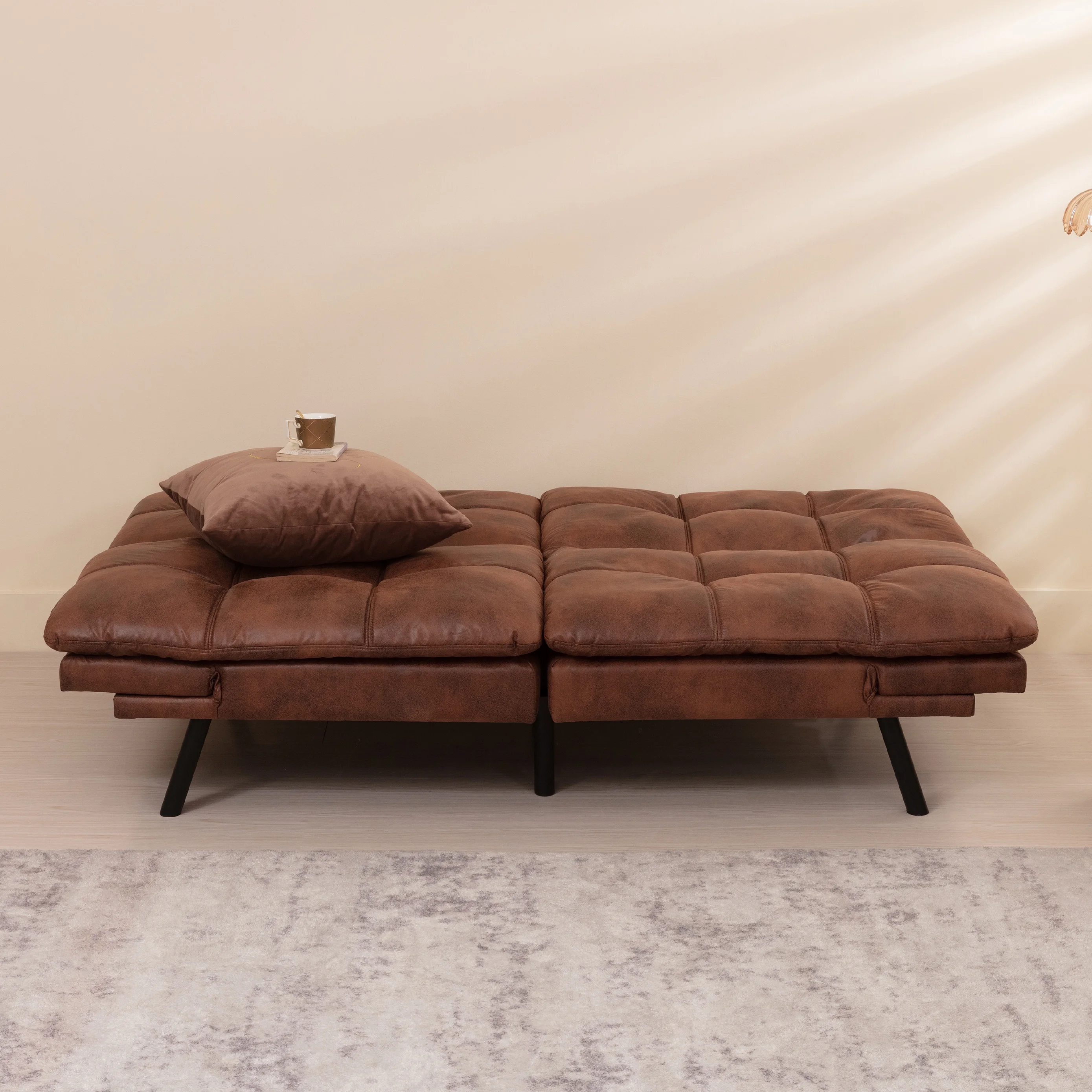 MLILY Convertible Futon Sofa Bed, Sleeper Sofa with Adjustable Armrest, Memory Foam Futon Couch, Brown