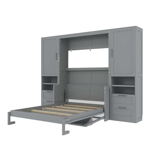 Merax Queen Size Murphy Bed with Desk, Space-Saving Wall Bed Frame with Closet, Drawers and Shelves, Foldable Platform Bed for Small Spaces Studio Study Office Guest Room, Gray