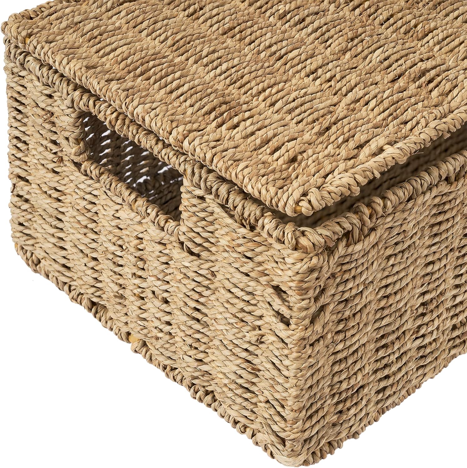 Artera Wicker Storage Basket - Set of 3 Woven Seagrass Baskets with Lid and Handle for Organizing, Large Rectangular Natural Nesting Storage Bins for Bedroom, Bathroom, Laundry Room (Set of 4) Pack of 2