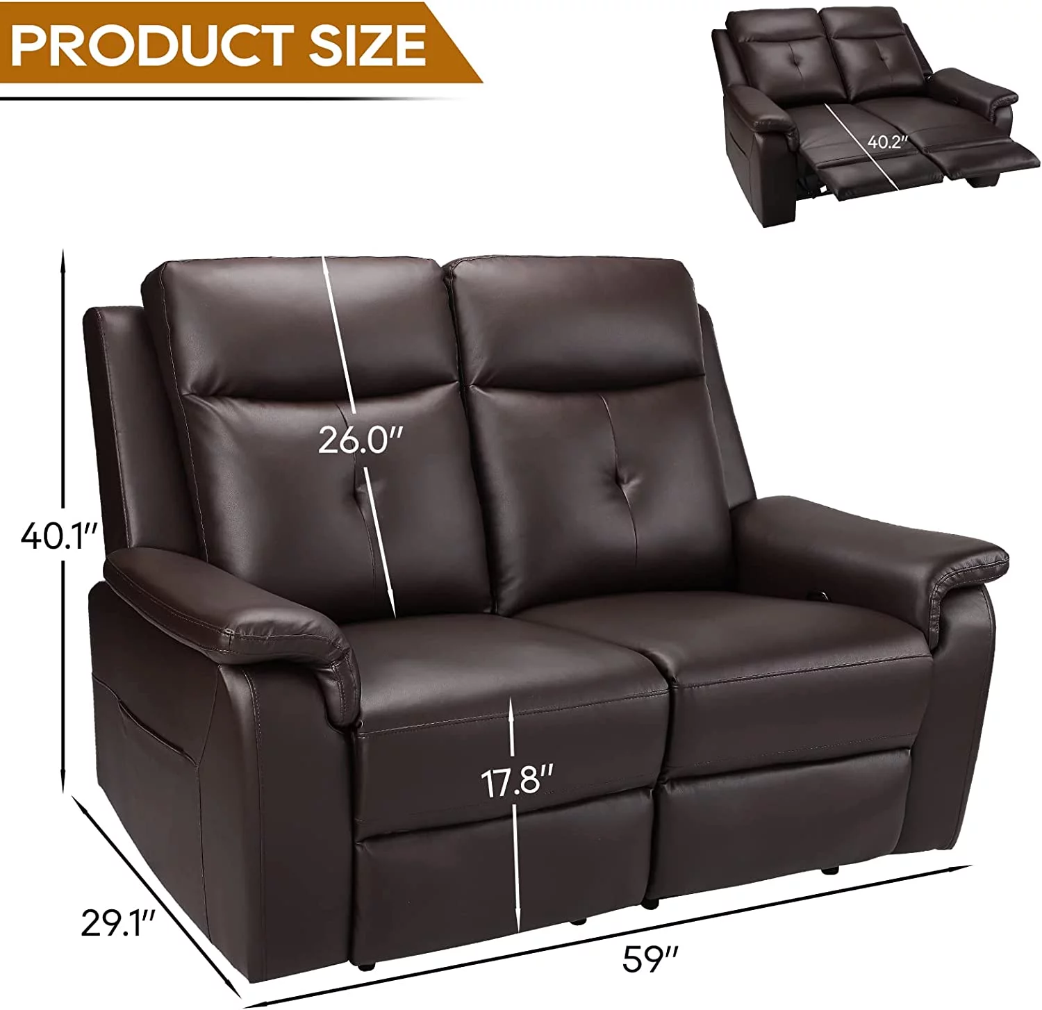PU Leather Reclining Sofa - Manual Double Recliner Loveseat with Massage & Heating - 2-Seater Home Theater Seating for Living Room, Reading Room, Bedroom (Brown)