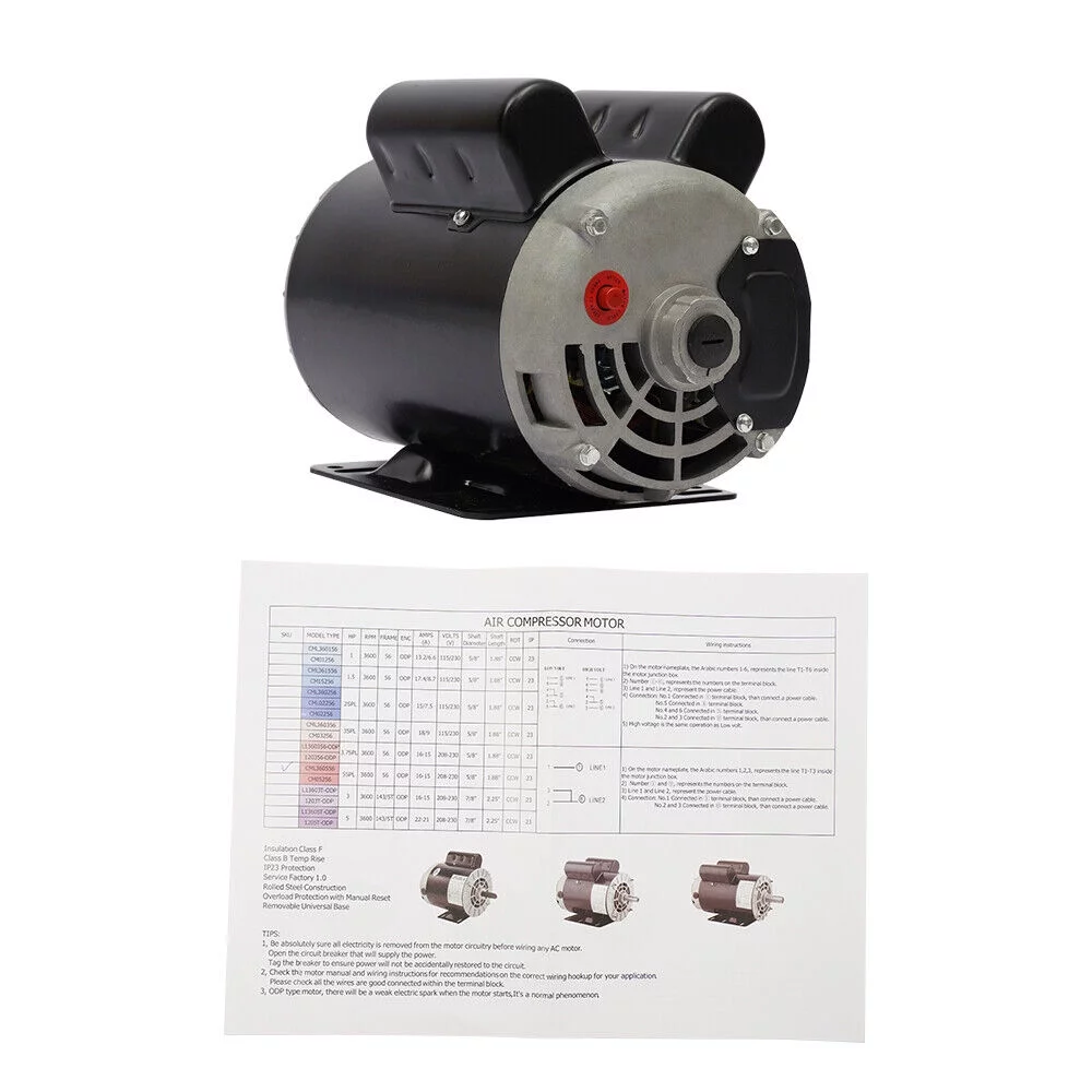 5 HP SPL 3450RPM P56 Frame Single Phase Air Compressor Shaft 60HZ 208-230 Volts Electric Air Compressor Motor