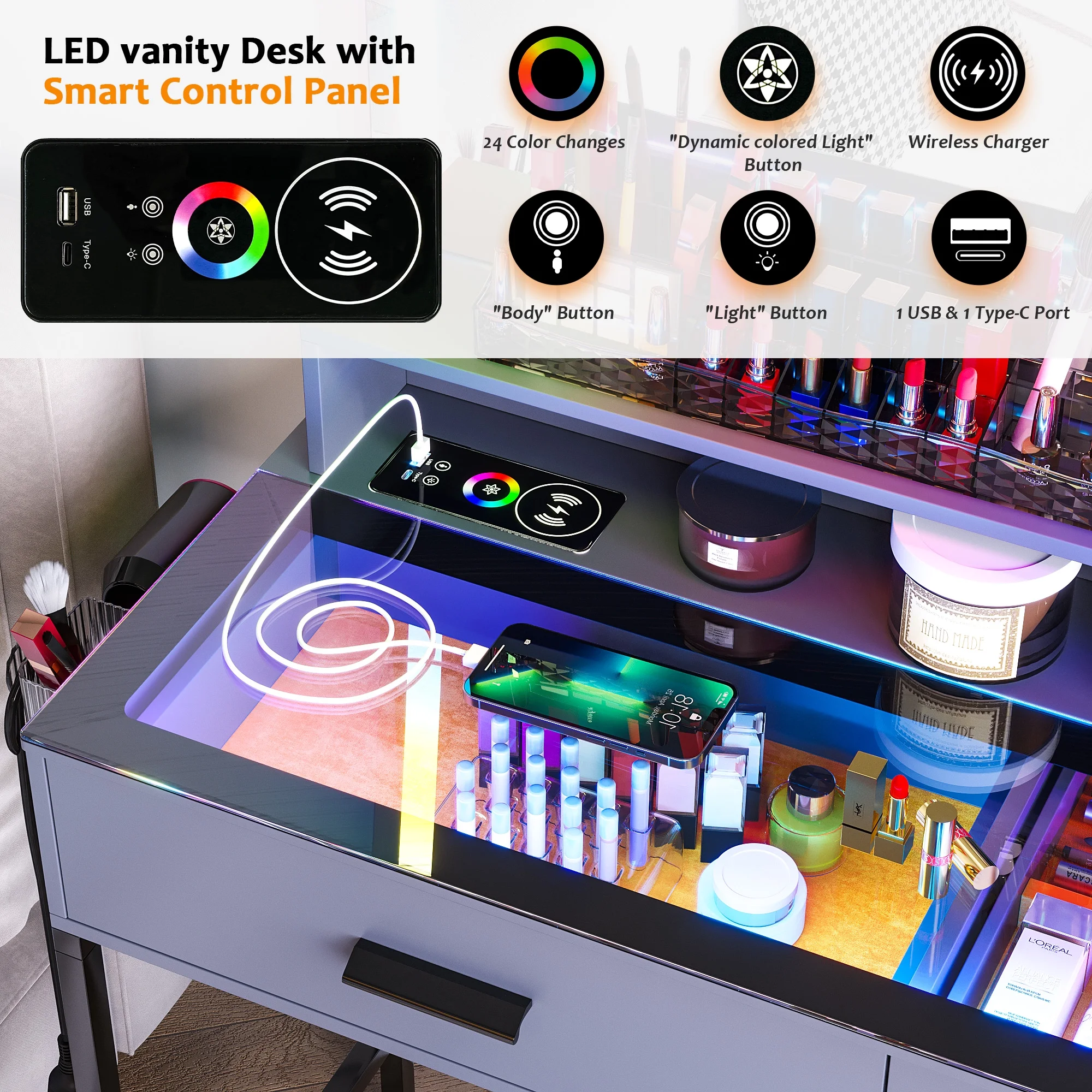 HNEBC Vanity Desk with Mirror and RGB Lights, Glass Top Makeup Vanity with Auto Sensor Lights and Wireless Charging, Vanity Table Set with Cushion Stool, Dressing Table with 6 Drawers (Grey)