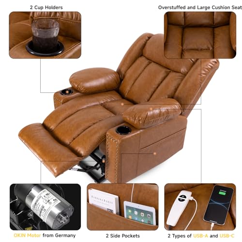 Large Power Lift Chairs Recliners for Elderly with Heated and Massage, Overstuffed Adjustable Lift Chairs, 3 Positions, Breathable Leather, USB-A and USB-C, Cup Holder, Side Pocket Dark Brown